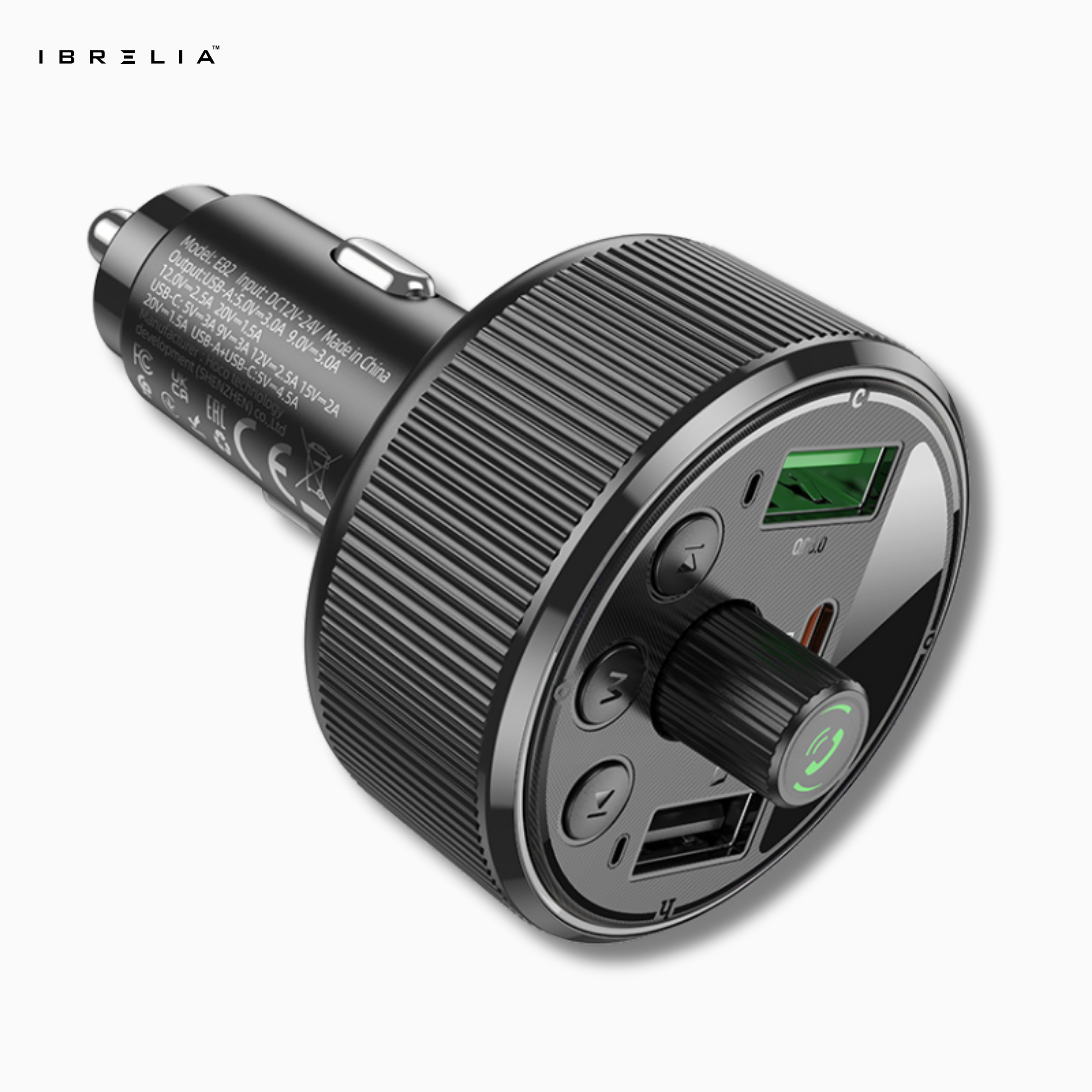 HOCO E82 PD30W + QC3.0 In-Car Wireless FM Transmitter – Bluetooth 5.3 Fast Charging Car Adapter | IBRELIA™