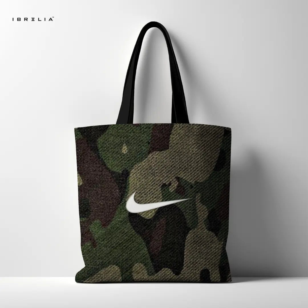 IBRELIA™ Urban Camo Premium Jute Tote Bag with Velvet Handles, Satin Lining & Inner Zip Pocket IBRELIA