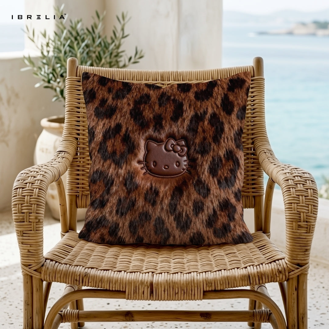 Hello Kitty Leopard Cushion – Cute Animal Print Pillow 15x15 Inch | Aesthetic Fashion Cushion | IBRELIA™ IBRELIA