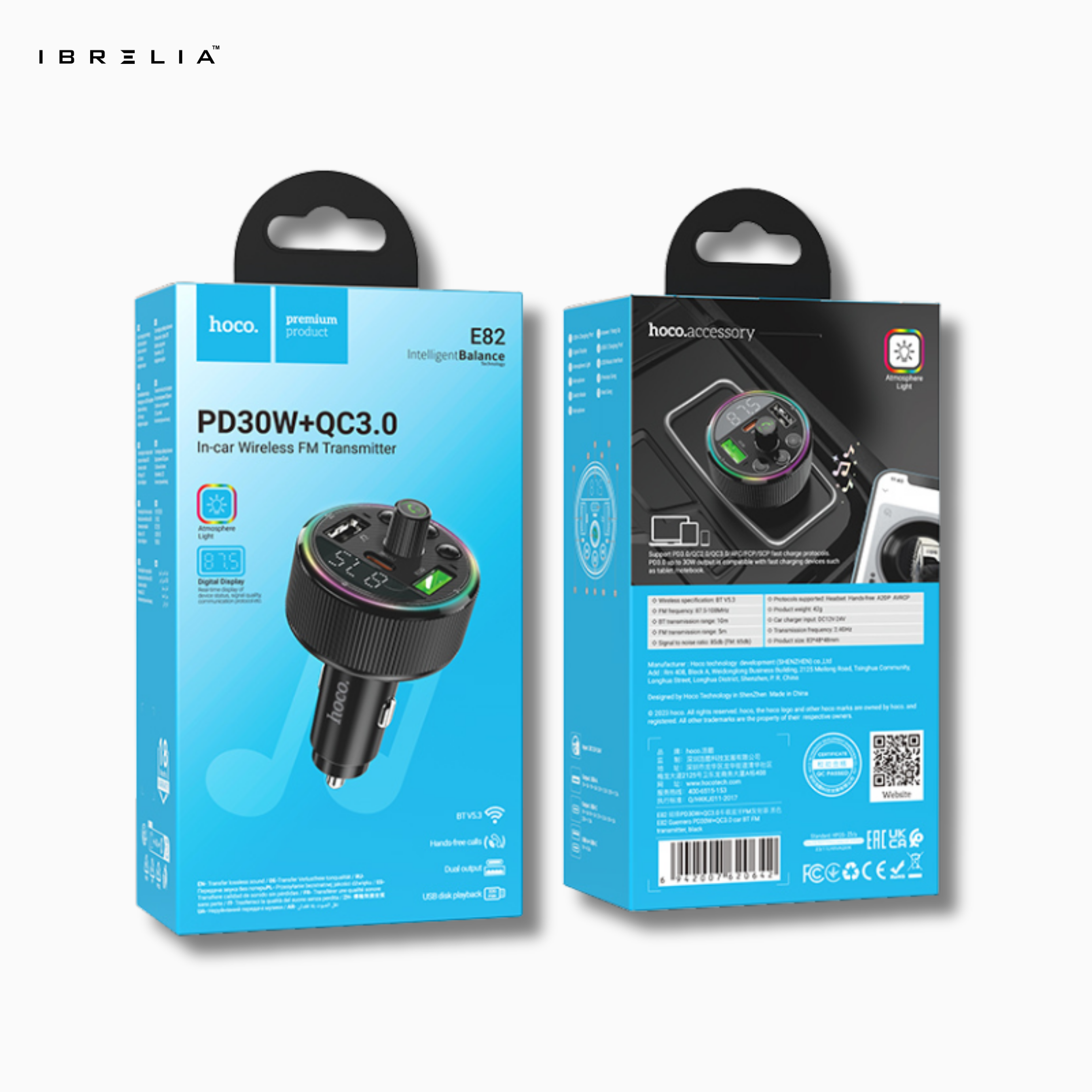 HOCO E82 PD30W + QC3.0 In-Car Wireless FM Transmitter – Bluetooth 5.3 Fast Charging Car Adapter | IBRELIA™
