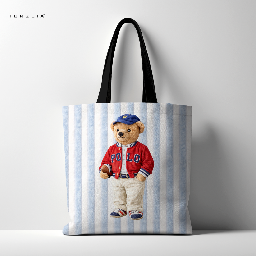 IBRELIA™ Polo Teddy Tote Bag – Blue Stripe Premium Jute Tote with Velvet Handles & Inner Zip Pocket IBRELIA