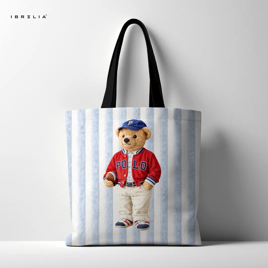 IBRELIA™ Polo Teddy Tote Bag – Blue Stripe Premium Jute Tote with Velvet Handles & Inner Zip Pocket IBRELIA