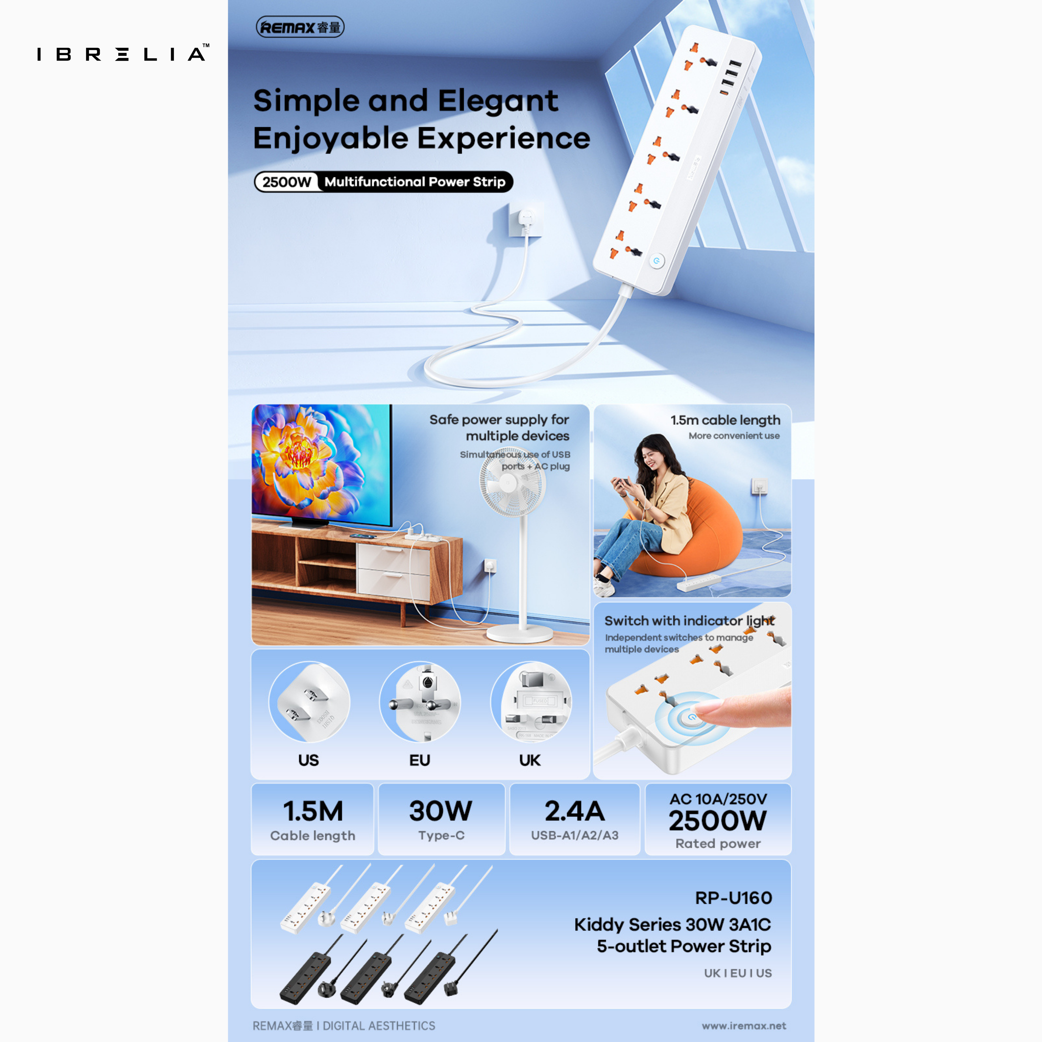 REMAX Kiddy 30W 3A1C 5-Outlet Power Strip RP-U160 (EU) | IBRELIA™