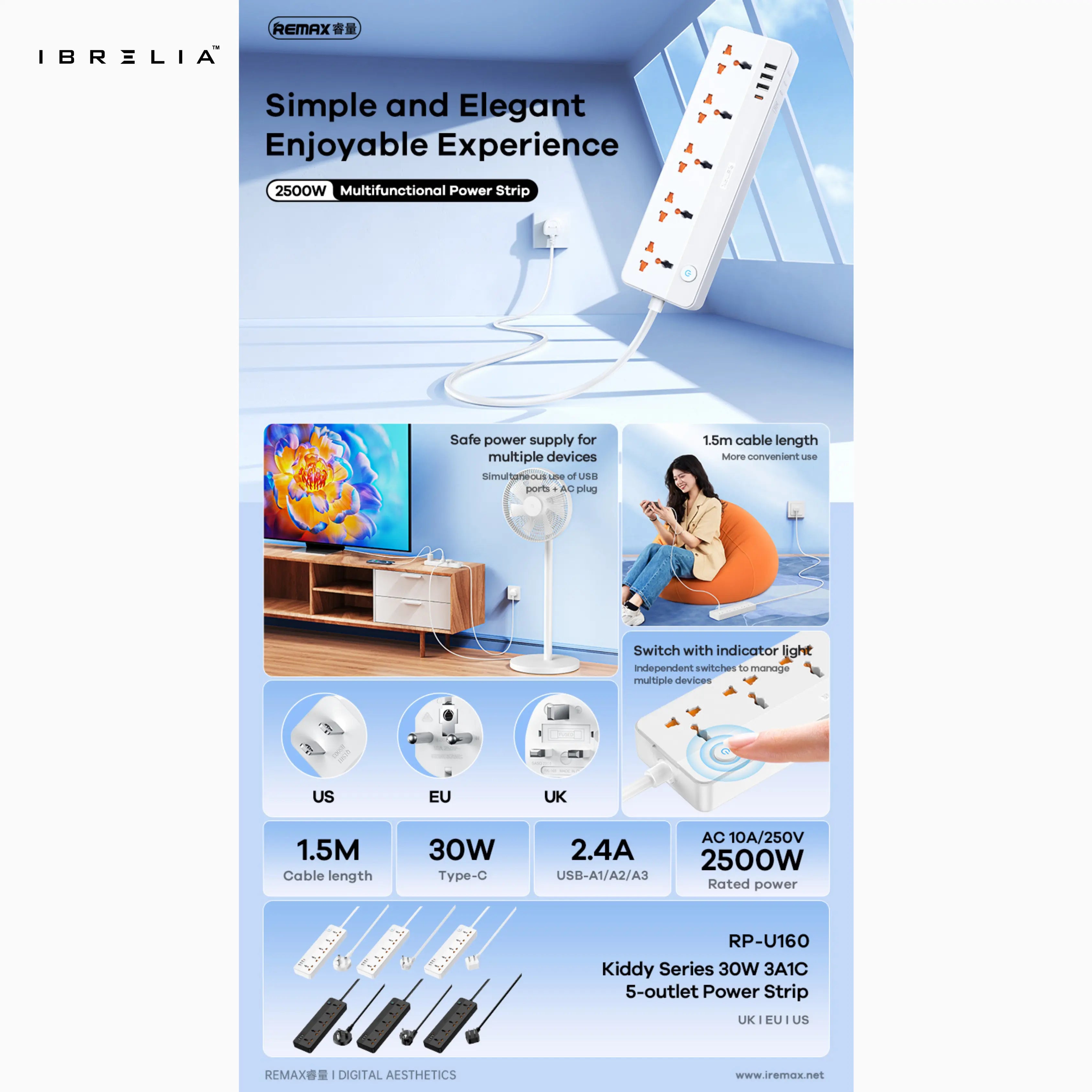 REMAX Kiddy 30W 3A1C 5-Outlet Power Strip RP-U160 (EU) | IBRELIA™ IBRELIA