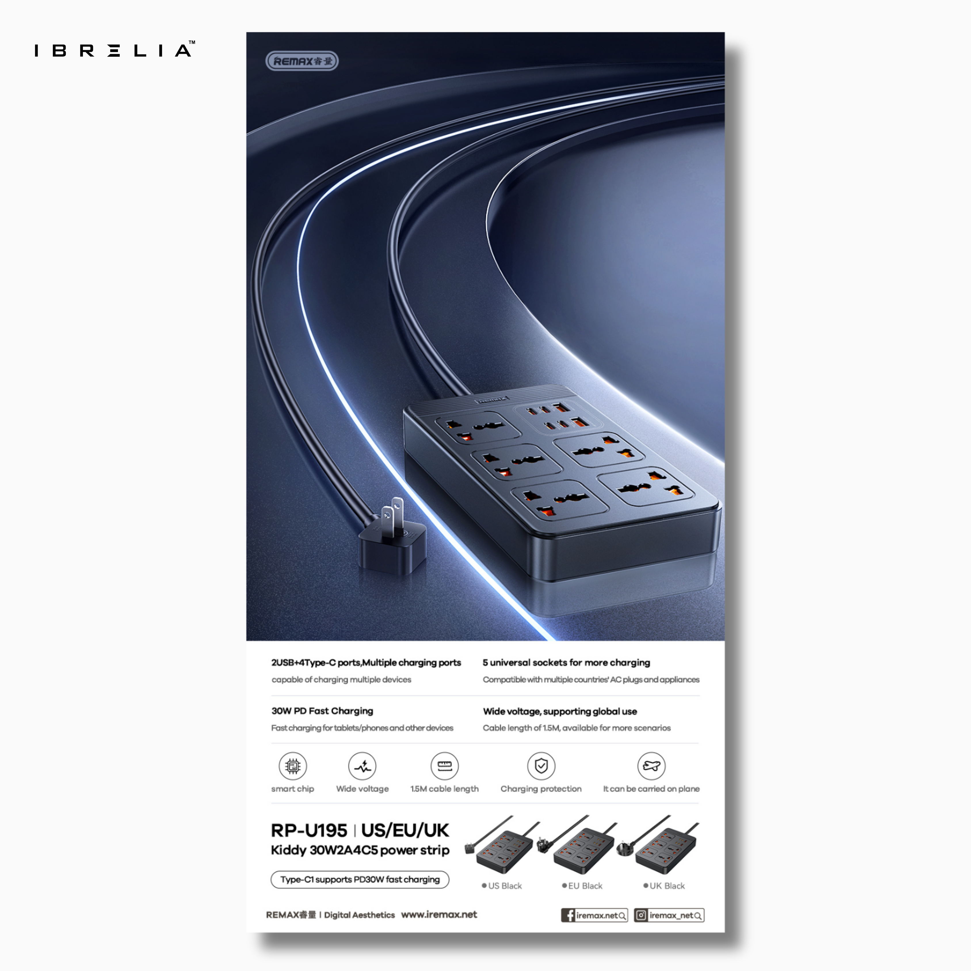 REMAX Kiddy 30W 2A4C Power Strip RP-U195 (EU) | IBRELIA™ IBRELIA