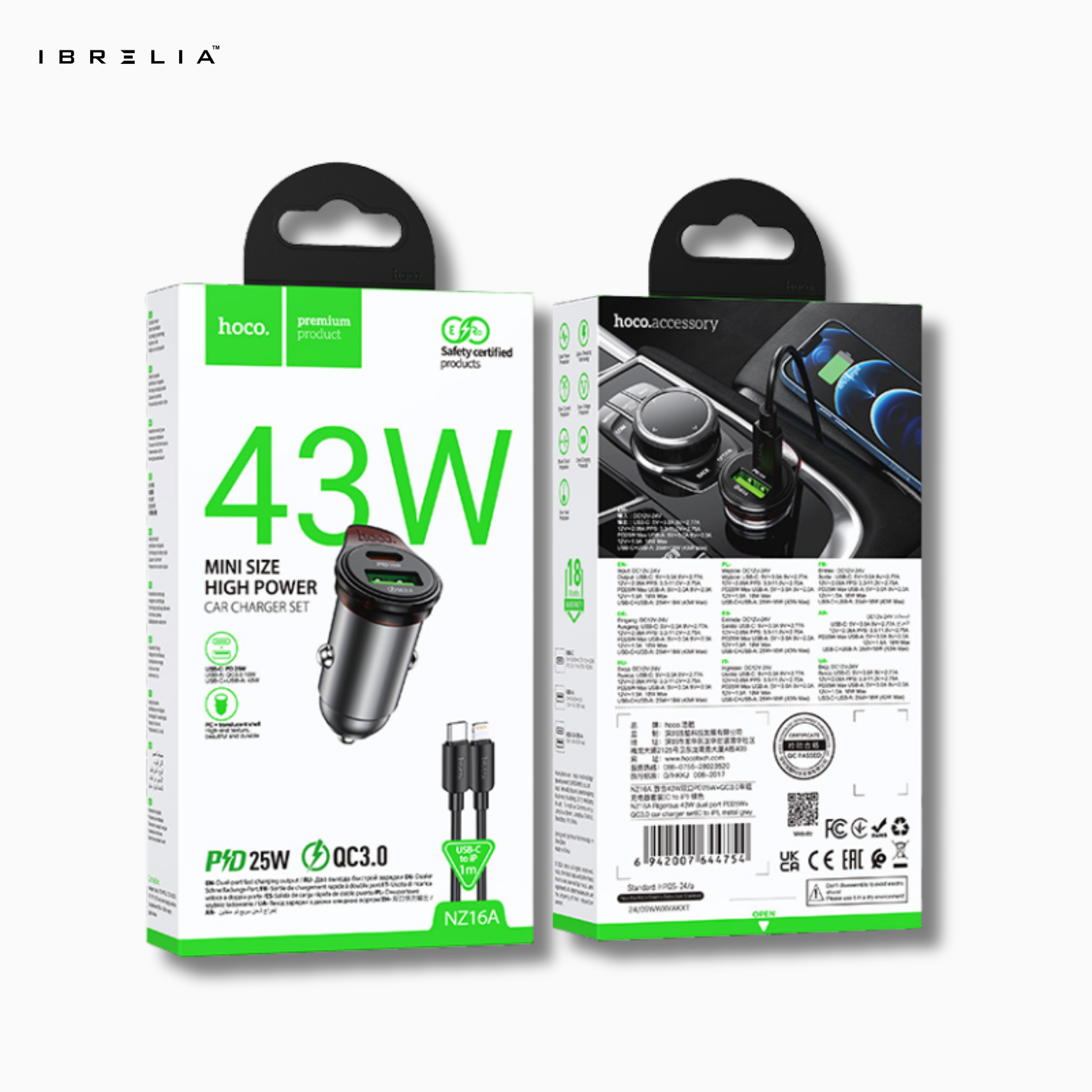 HOCO NZ16A Rigorous 43W Dual-Port PD25W + QC3.0 Car Charger Set (C to iP) | Mini Fast Charger | IBRELIA™