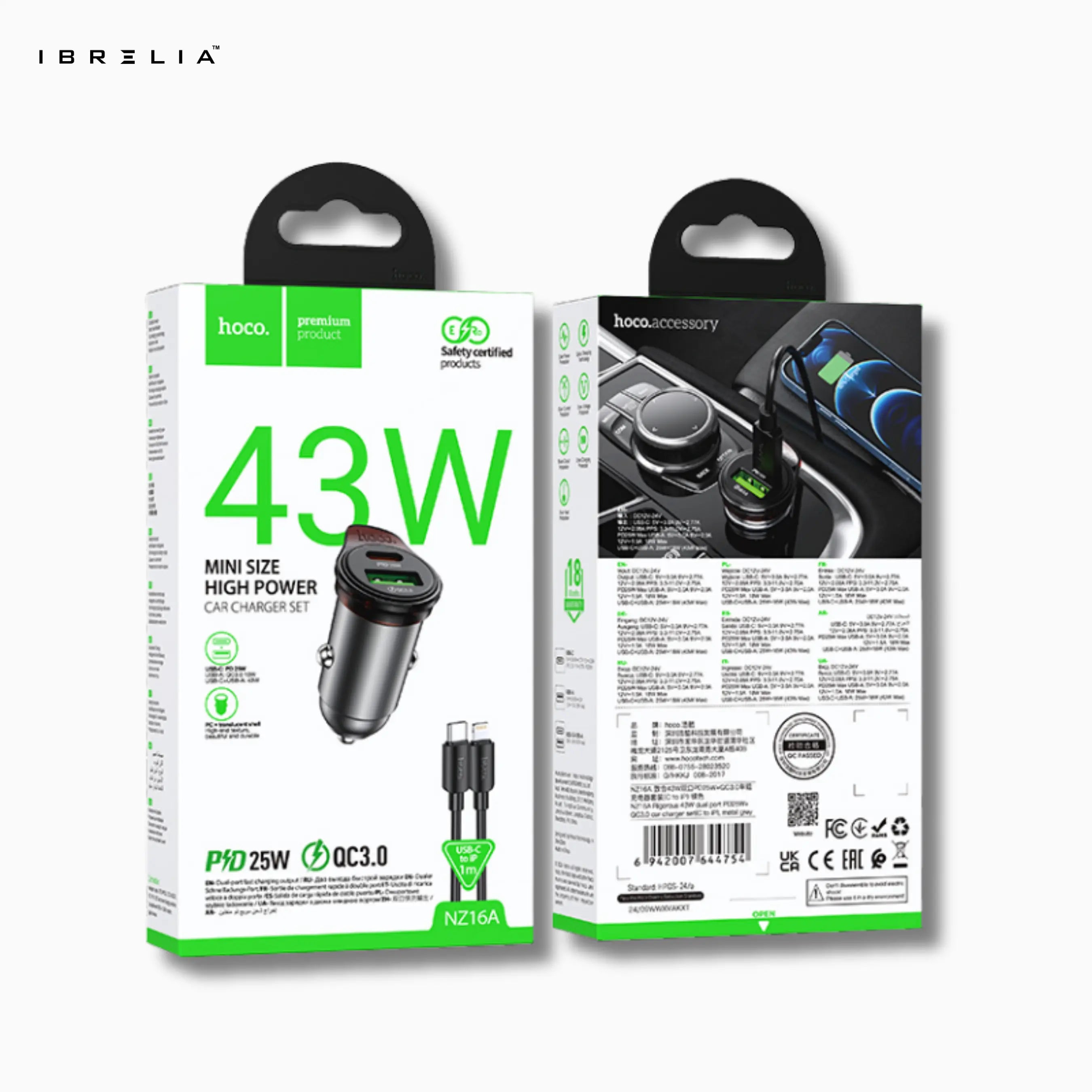 HOCO NZ16A Rigorous 43W Dual-Port PD25W + QC3.0 Car Charger Set (C to iP) | Mini Fast Charger | IBRELIA™ IBRELIA