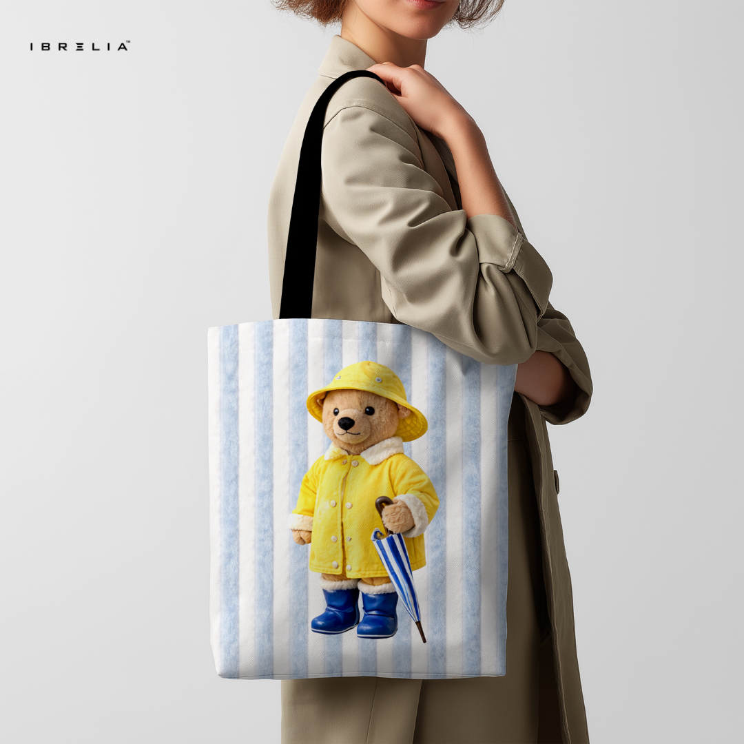 IBRELIA™ Rainy Day Teddy Tote Bag – Yellow Coat Teddy Premium Jute Tote with Velvet Handles & Inner Zip Pocket IBRELIA