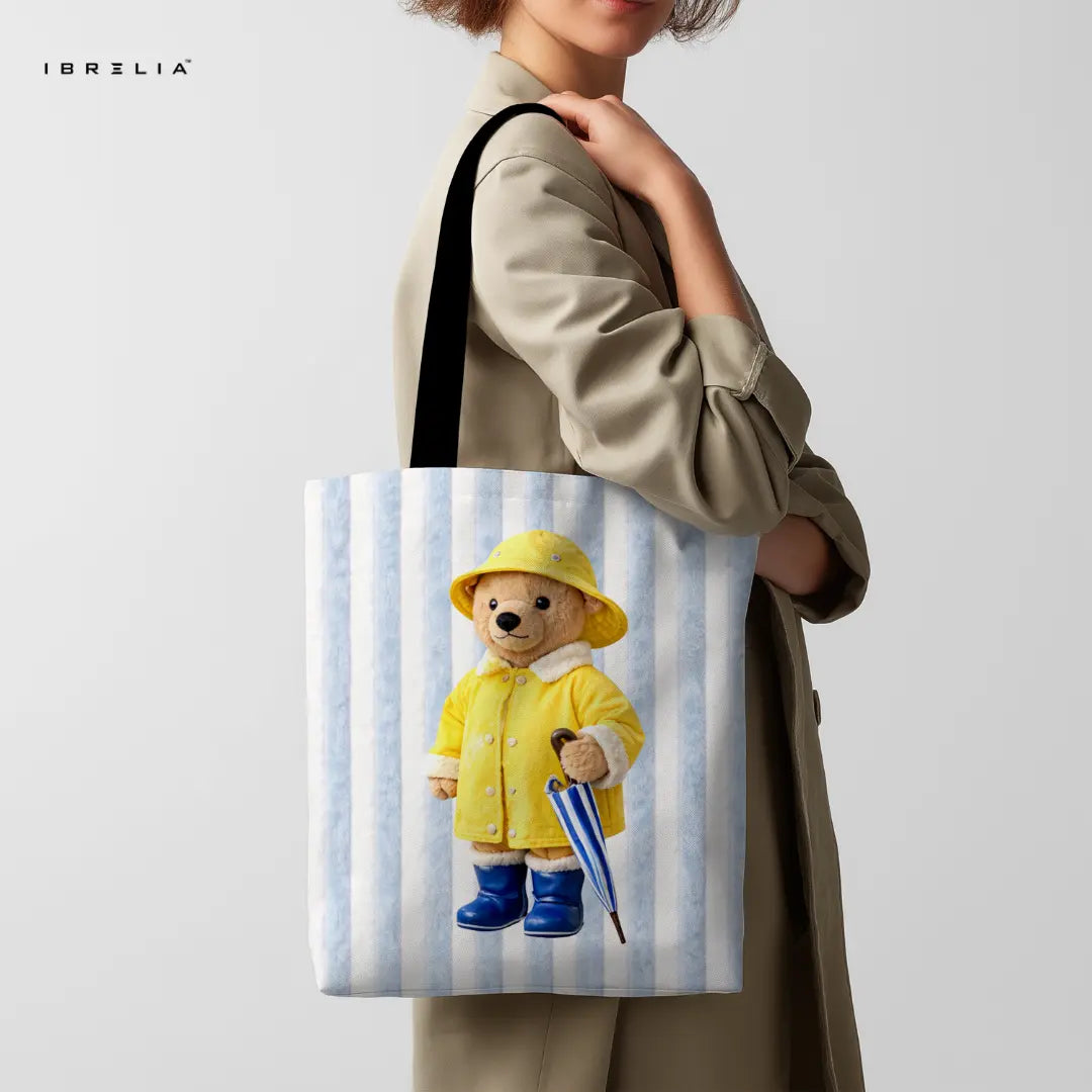IBRELIA™ Rainy Day Teddy Tote Bag – Yellow Coat Teddy Premium Jute Tote with Velvet Handles & Inner Zip Pocket IBRELIA