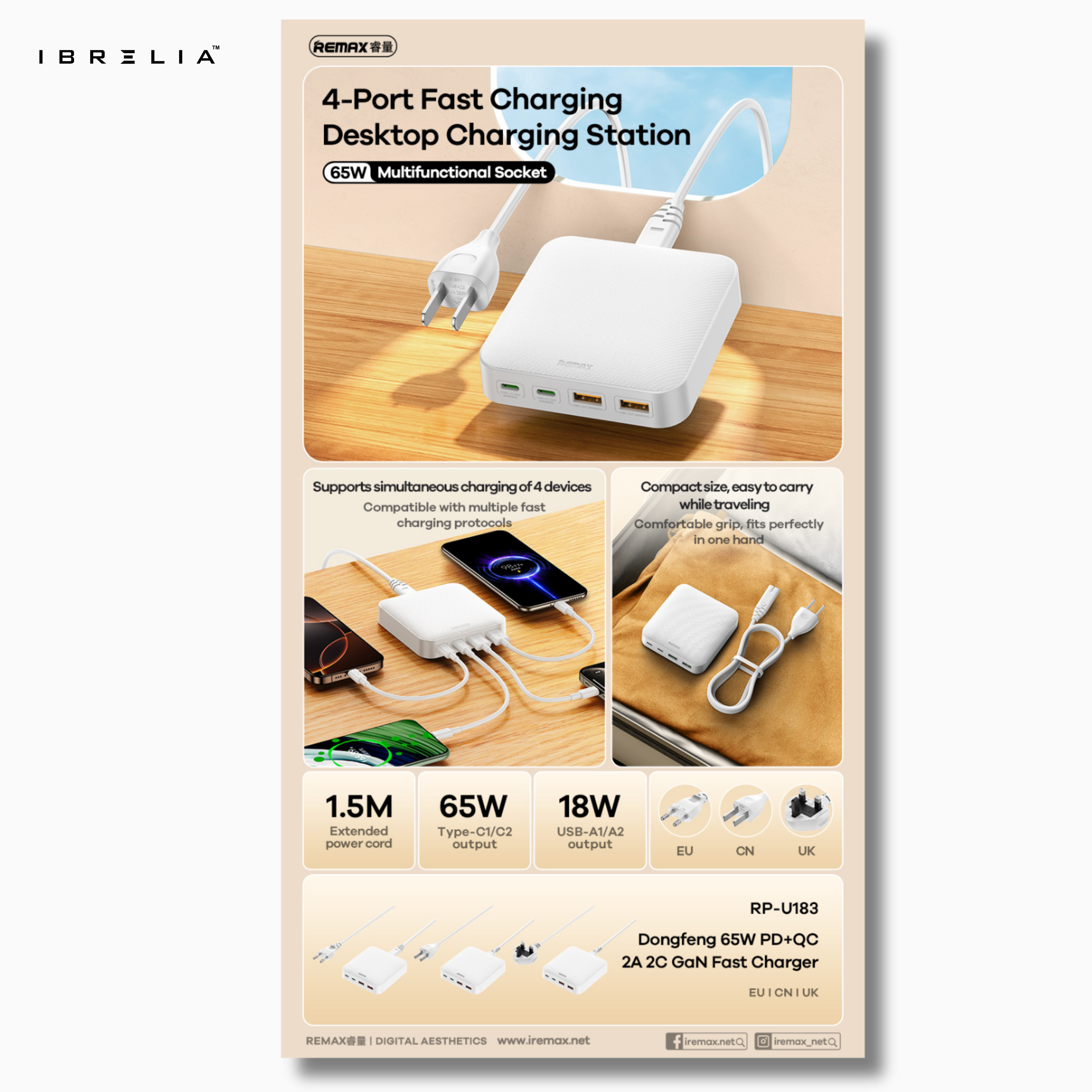 Remax Dongfeng 65W PD + QC GaN Desktop Fast Charger RP-U183 | IBRELIA™ IBRELIA