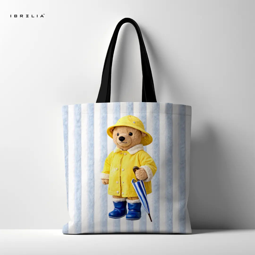 IBRELIA™ Rainy Day Teddy Tote Bag – Yellow Coat Teddy Premium Jute Tote with Velvet Handles & Inner Zip Pocket IBRELIA