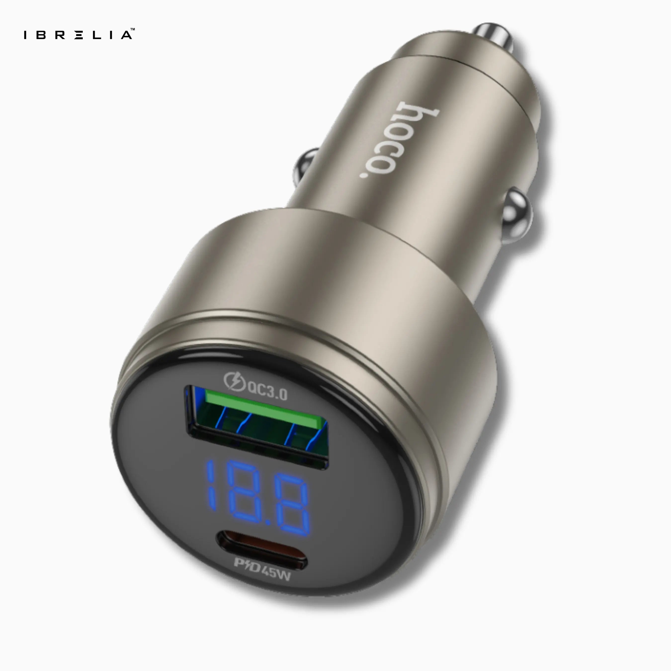 HOCO Z57B Glorious 63W Dual-Port Digital Display Car Charger (Metal Gray) – PD45W + QC3.0 | IBRELIA™ IBRELIA