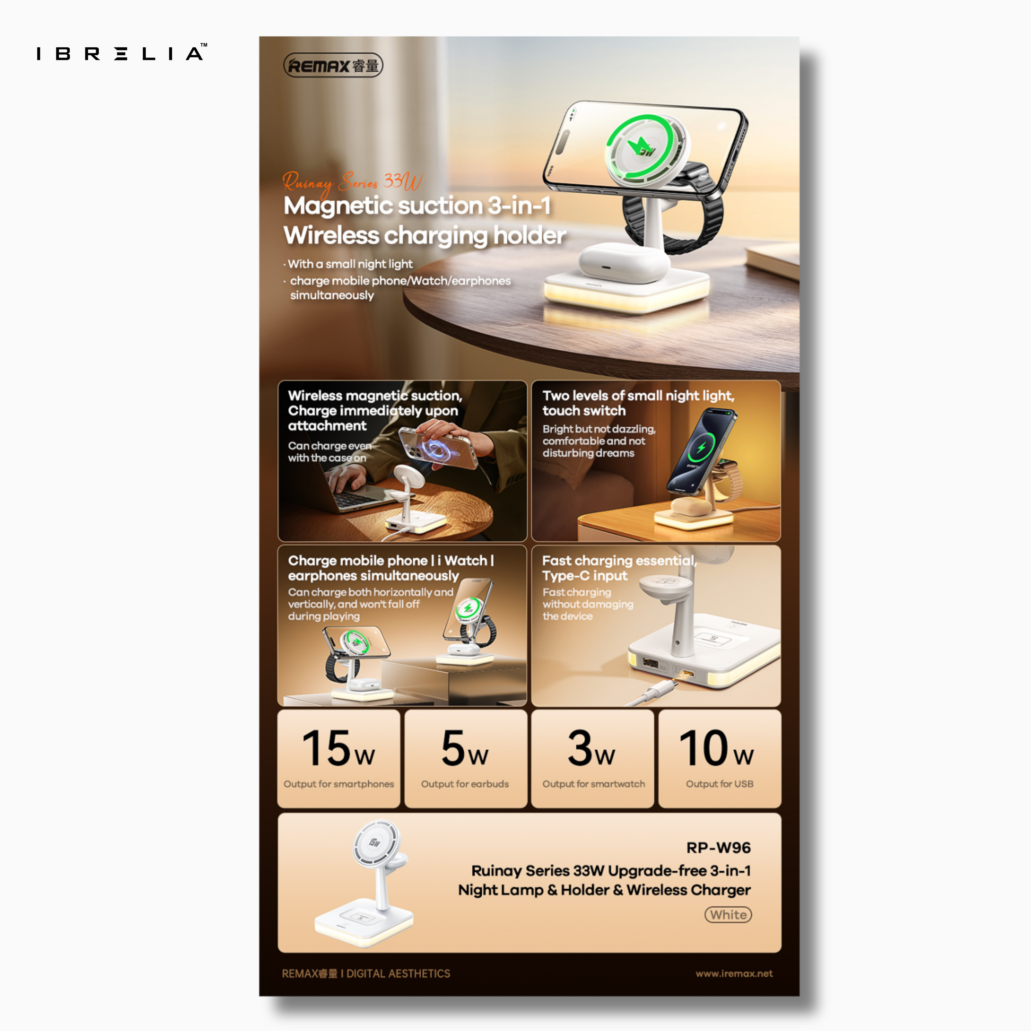 REMAX 33W 3-in-1 Magnetic Wireless Charger RP-W96 | IBRELIA™