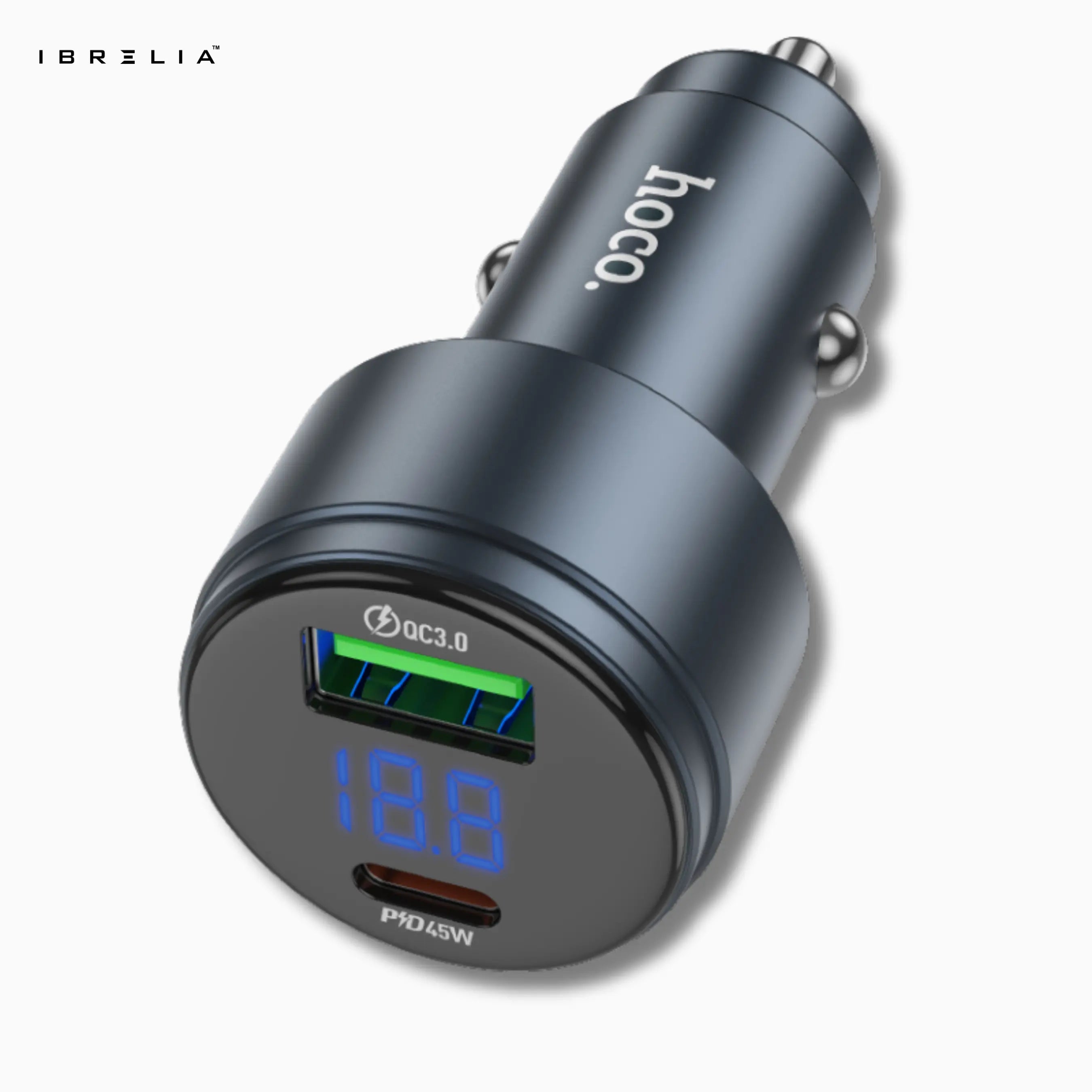 HOCO Z57B Glorious 63W Dual-Port Digital Display Car Charger (Metal Gray) – PD45W + QC3.0 | IBRELIA™ IBRELIA