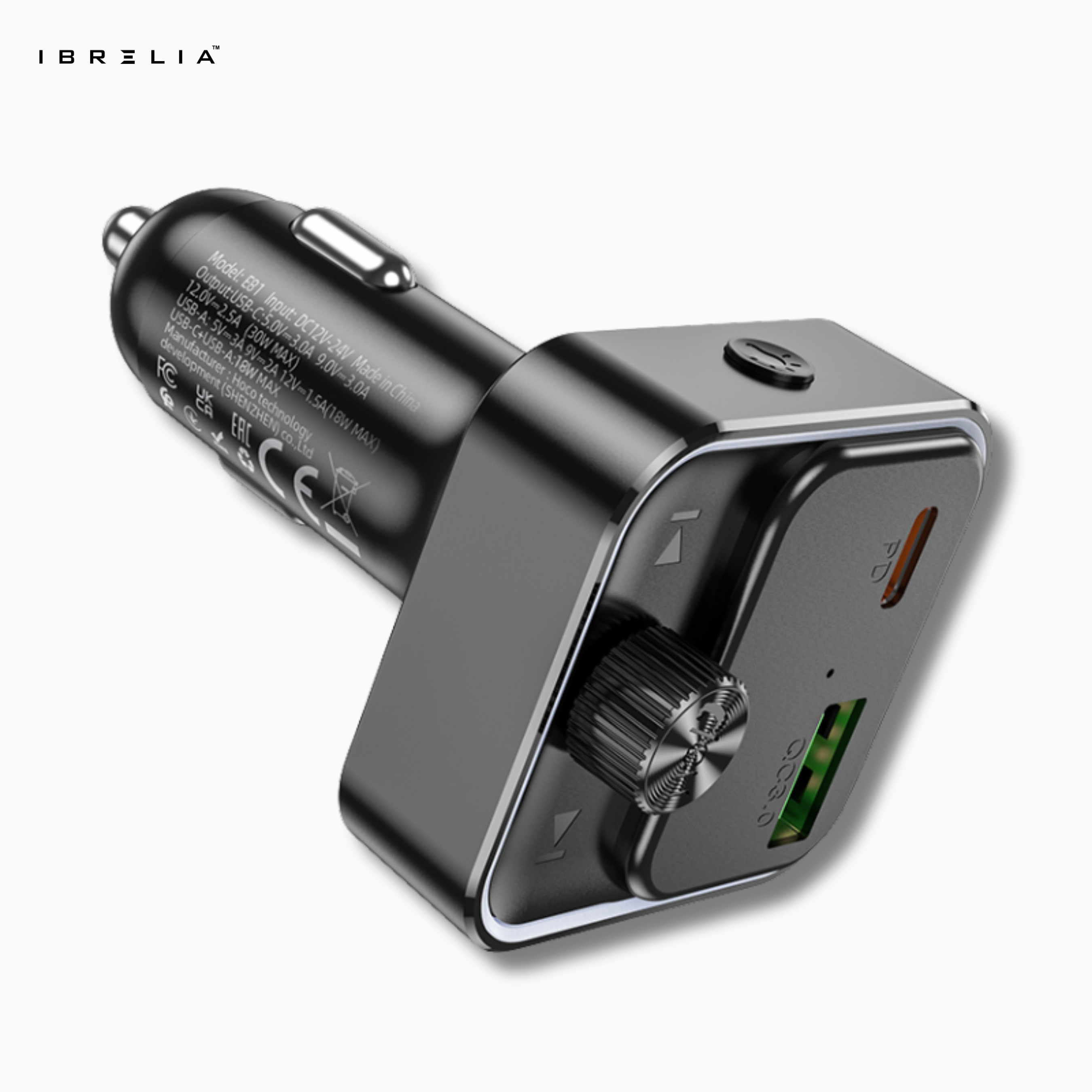 HOCO E81 PD30W + QC3.0 In-Car Wireless FM Transmitter – Bluetooth 5.0 Fast Charging Car Adapter | IBRELIA™