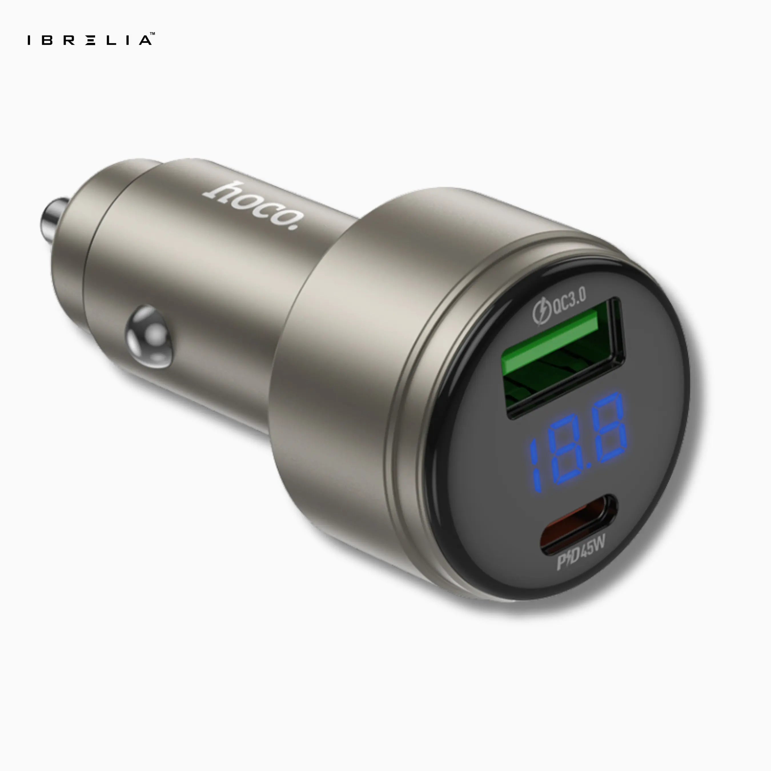 HOCO Z57B Glorious 63W Dual-Port Digital Display Car Charger (Metal Gray) – PD45W + QC3.0 | IBRELIA™ IBRELIA