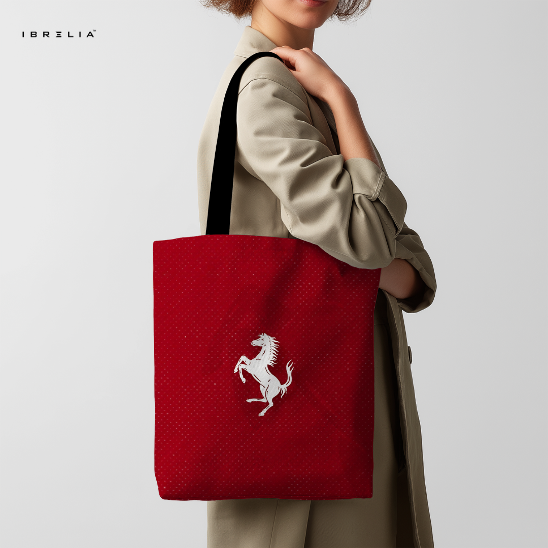 IBRELIA™ Racing Red Tote Bag – Luxury Motorsport Inspired Premium Jute Tote with Velvet Handles & Inner Zip Pocket IBRELIA