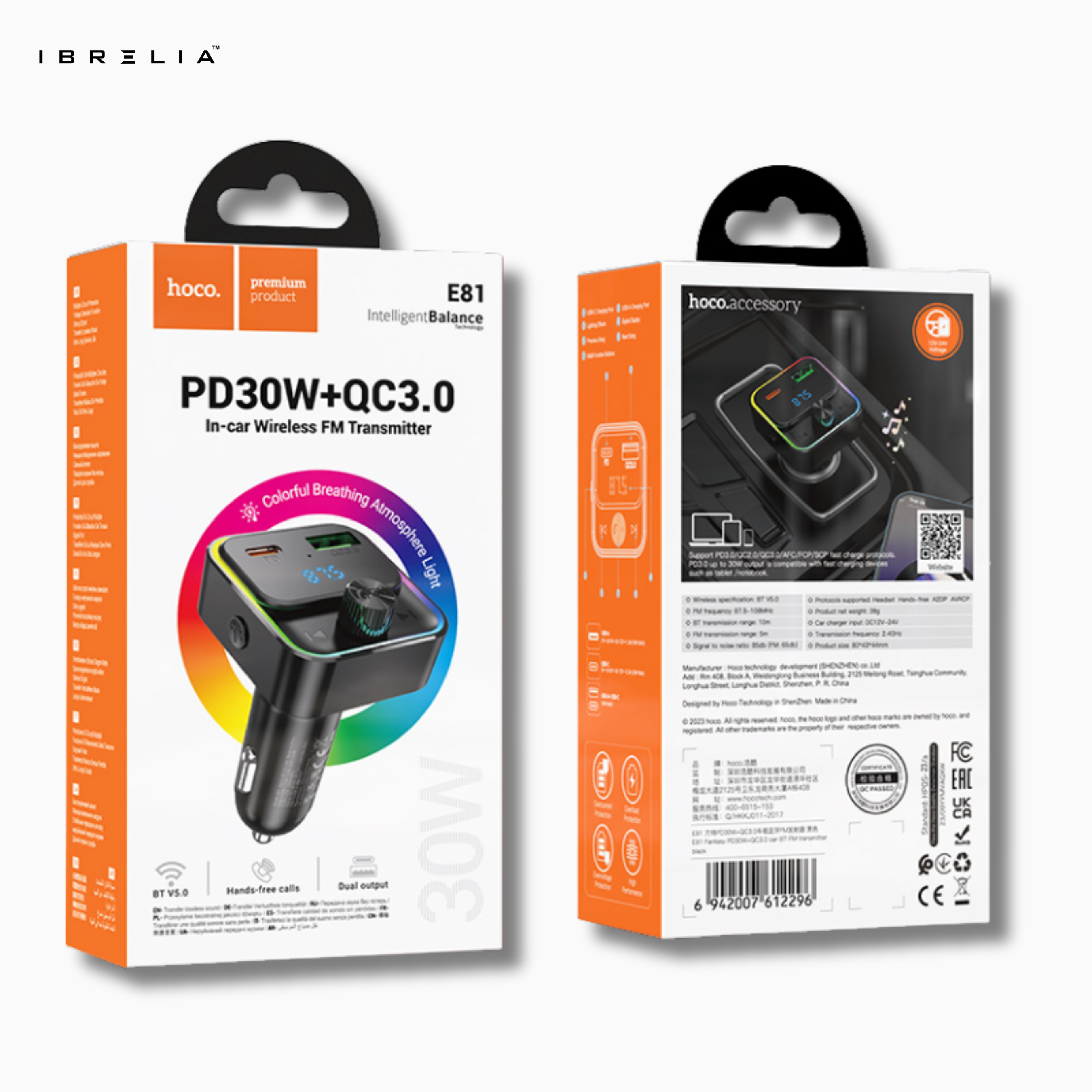 HOCO E81 PD30W + QC3.0 In-Car Wireless FM Transmitter – Bluetooth 5.0 Fast Charging Car Adapter | IBRELIA™