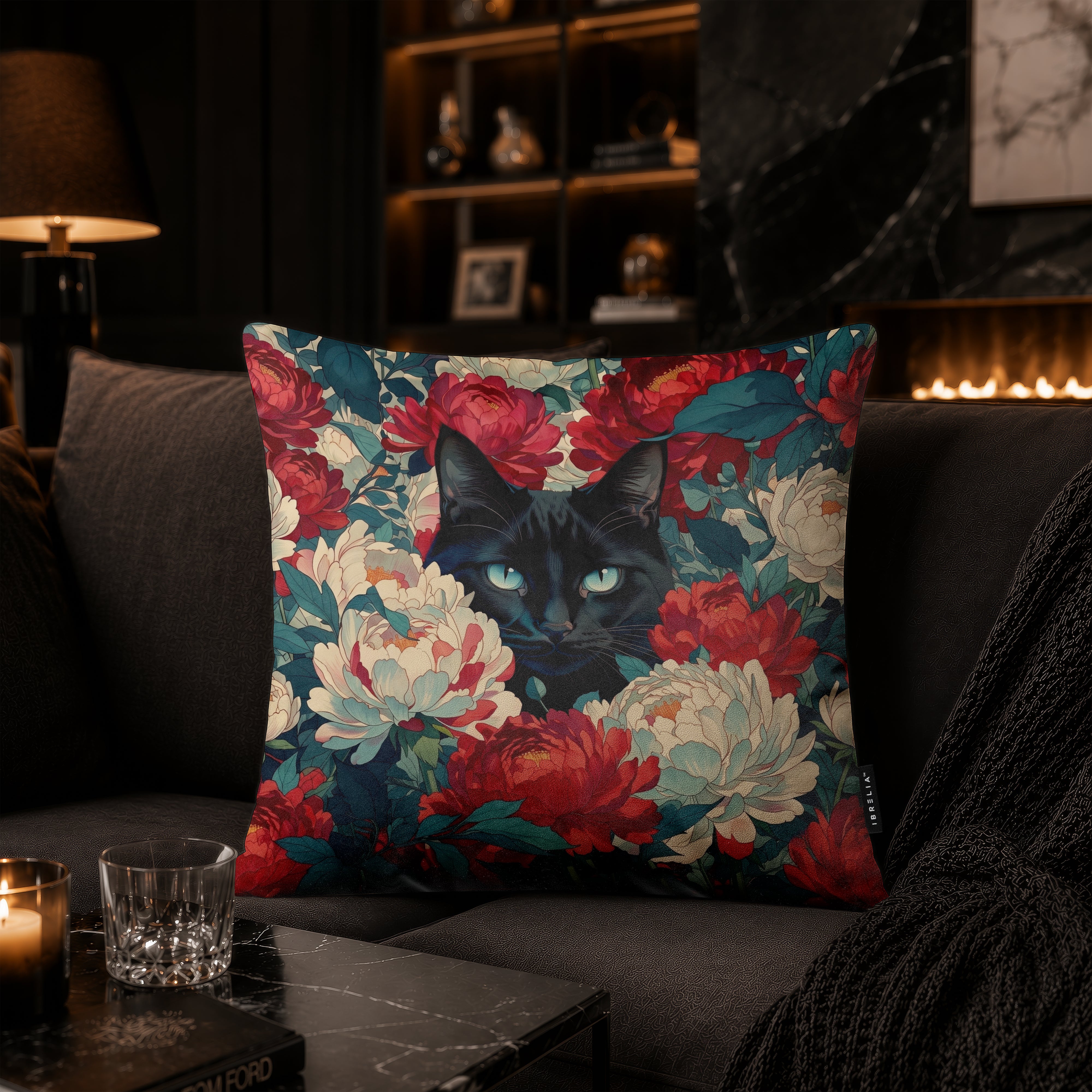 Midnight Bloom Black Cat Cushion | Premium Velvet Suede | Double-Sided Print