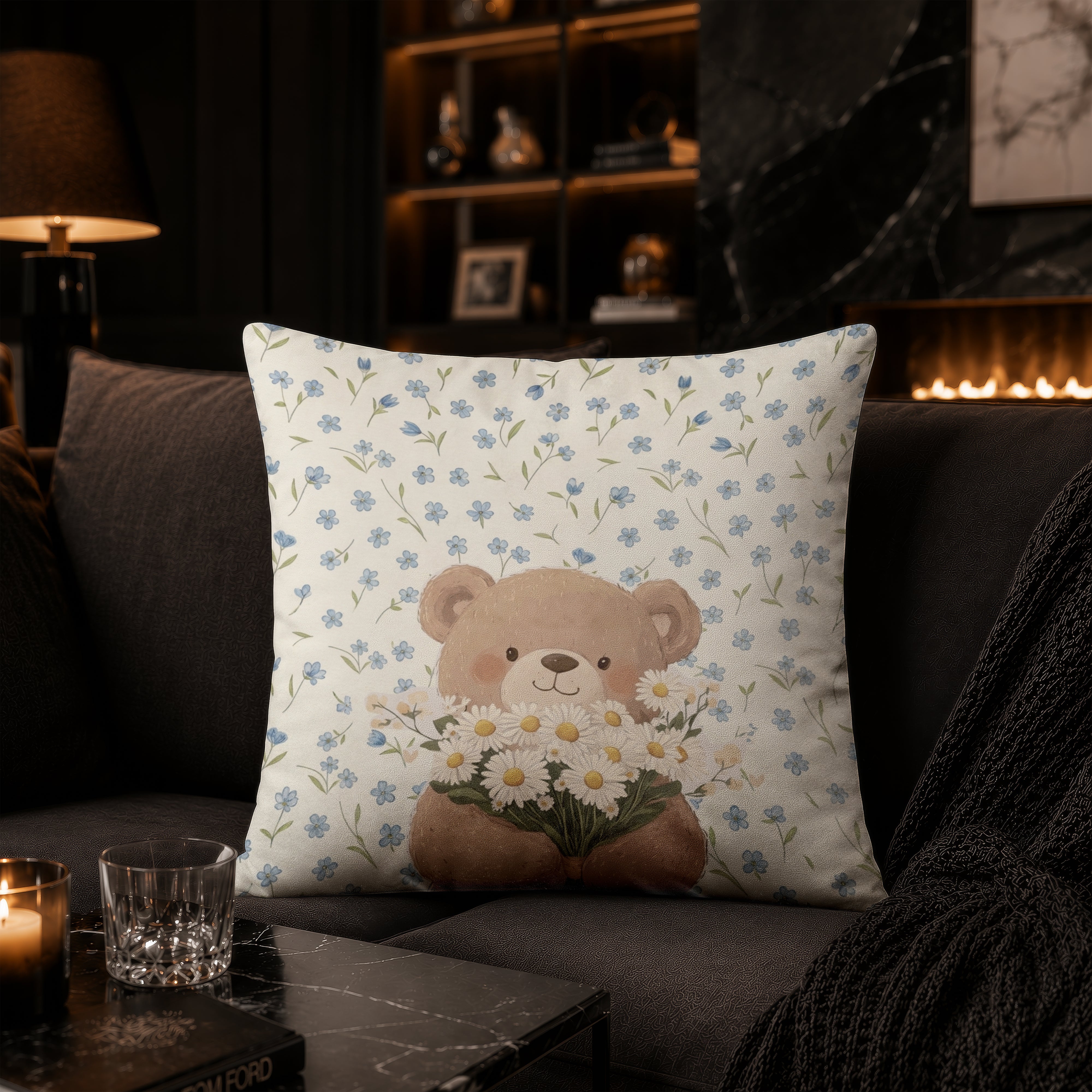 Cute Teddy Bear with Daisies Cushion | Premium Velvet Suede | Double-Sided Print