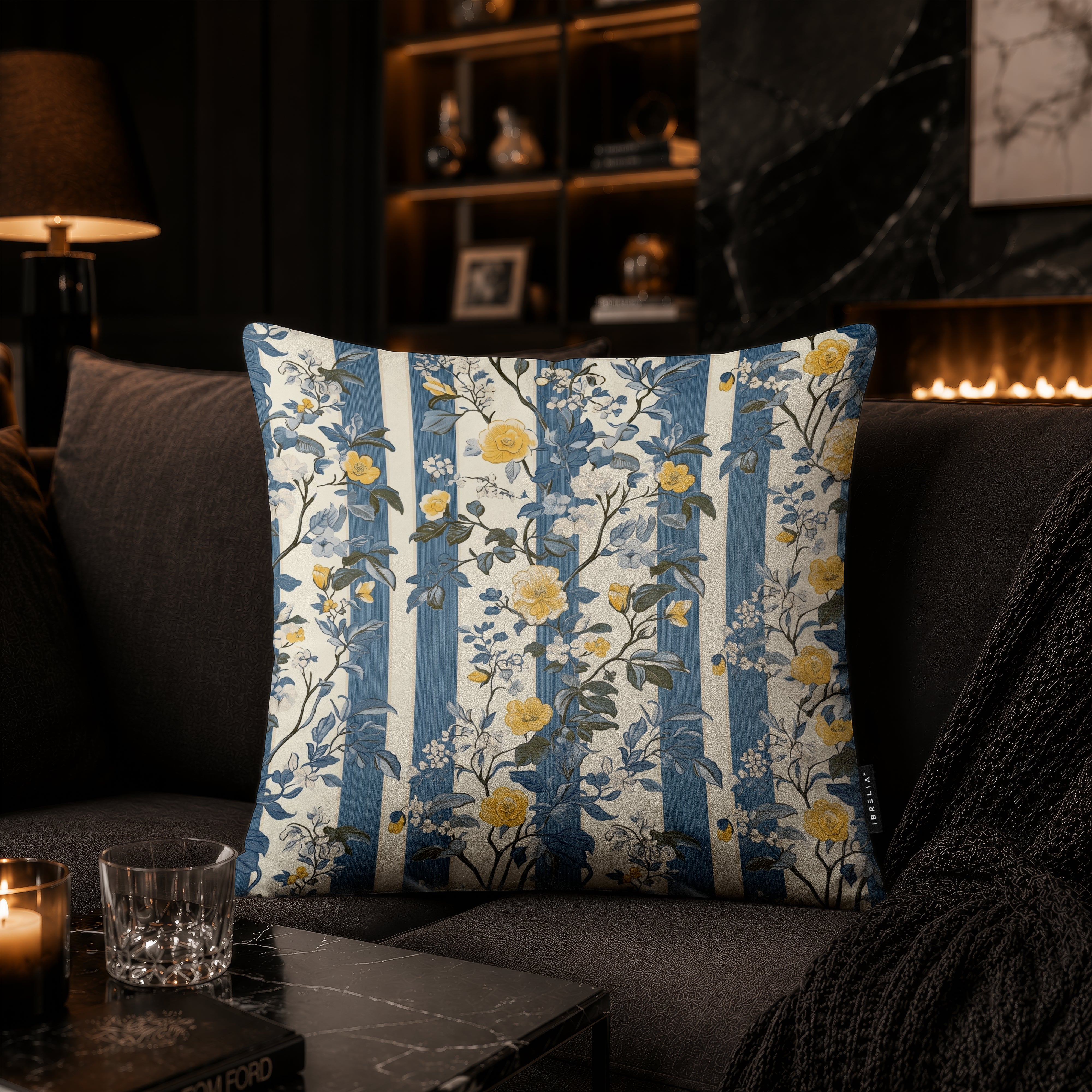 Blue Vintage Floral Stripe Cushion | Premium Velvet Suede | Double-Sided Print
