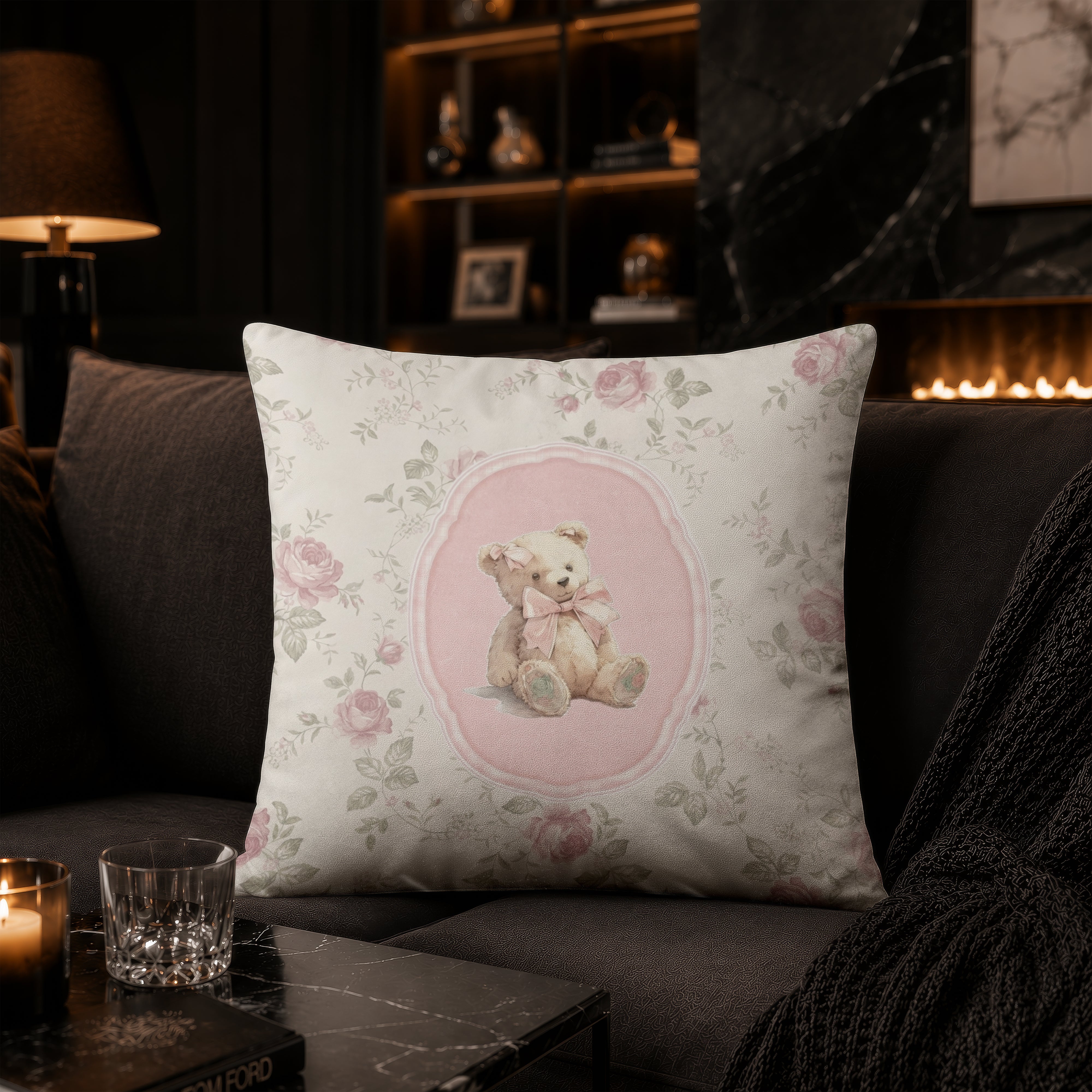 Vintage Floral Teddy Bear Cushion | Premium Velvet Suede | Double-Sided Print