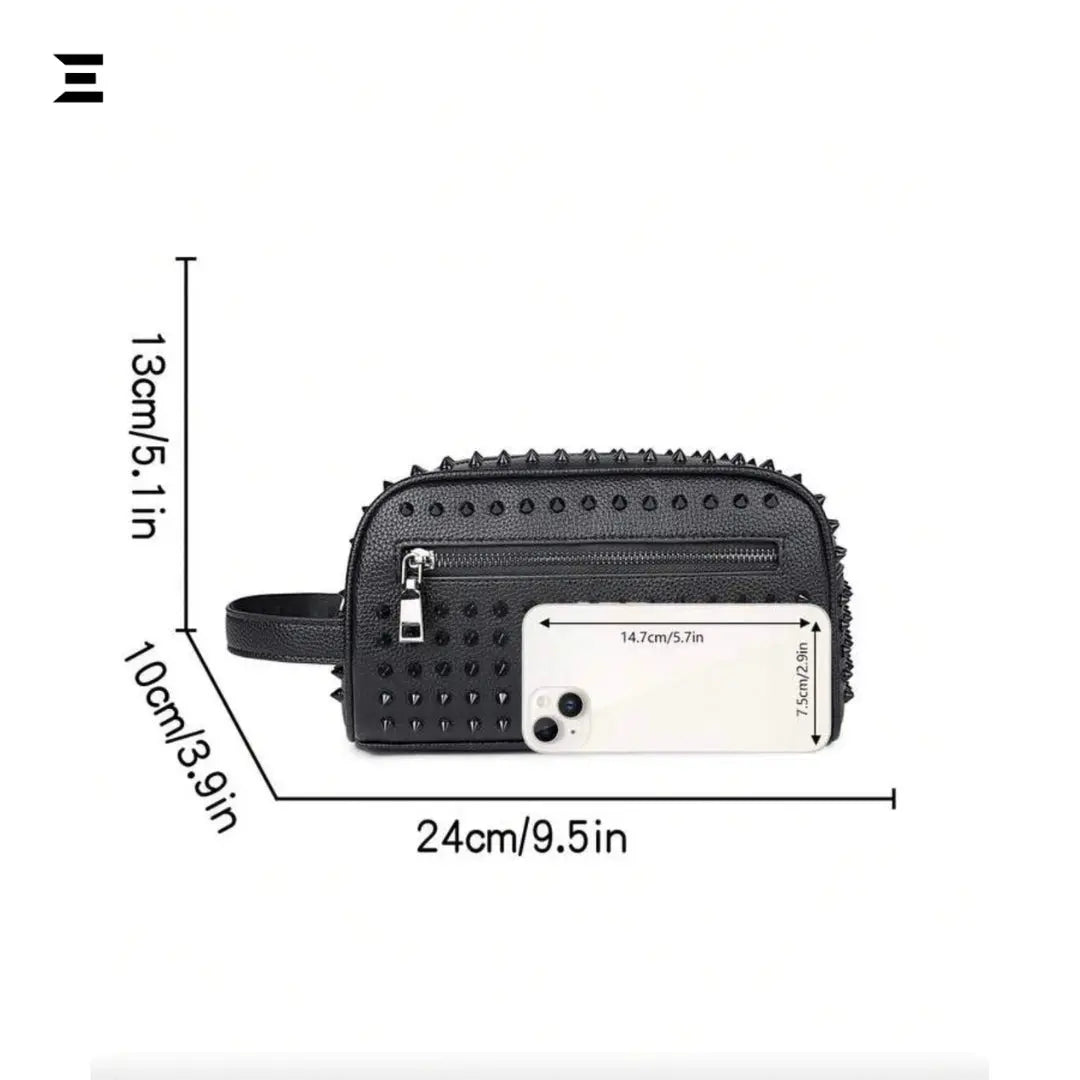 Elegant Black Rivet Leather Wrist Clutch All Black – Unisex Evening & Party Bag IBRELIA™ - IBRELIA
