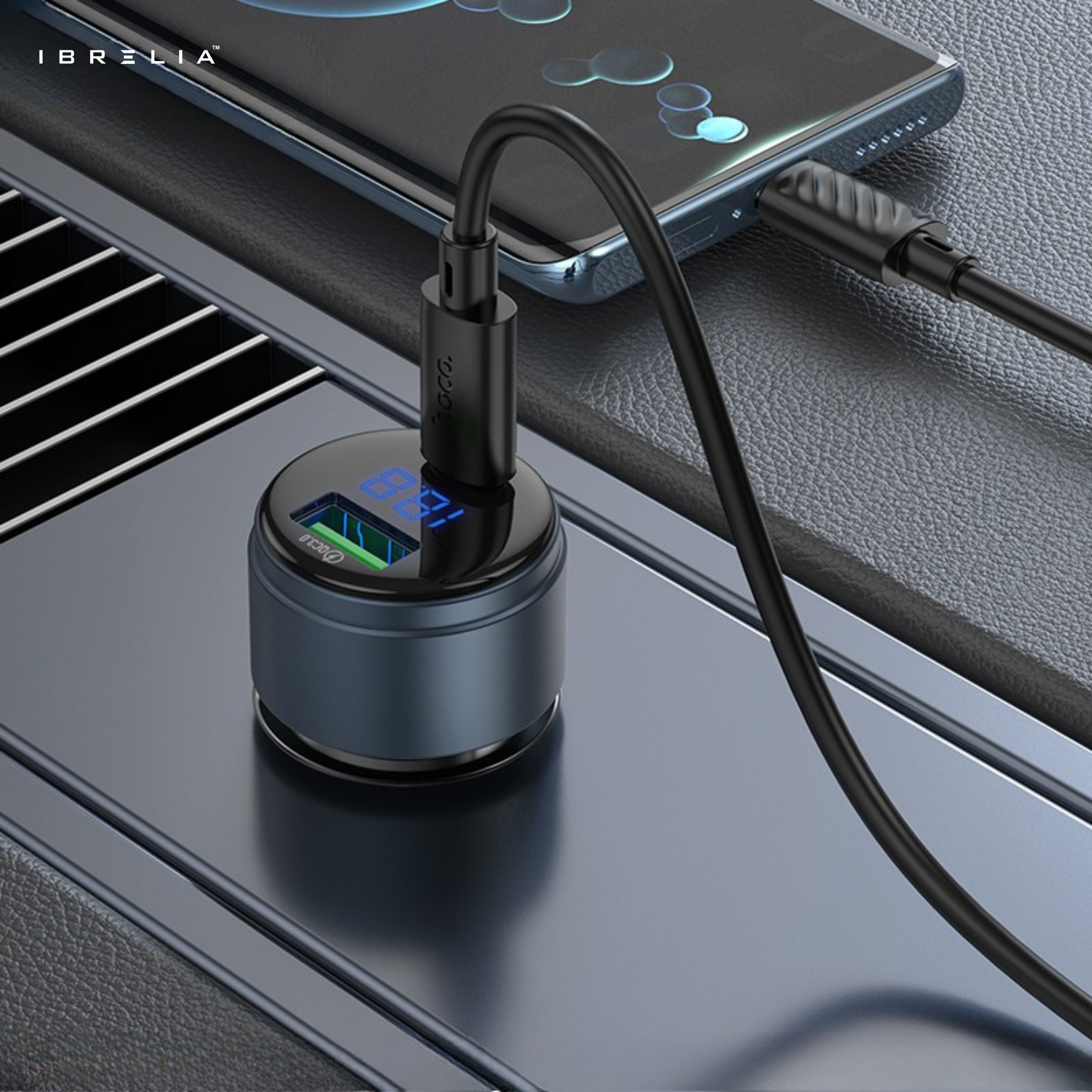 HOCO Z57B Glorious 63W Dual-Port Digital Display Car Charger (Metal Gray) – PD45W + QC3.0 | IBRELIA™