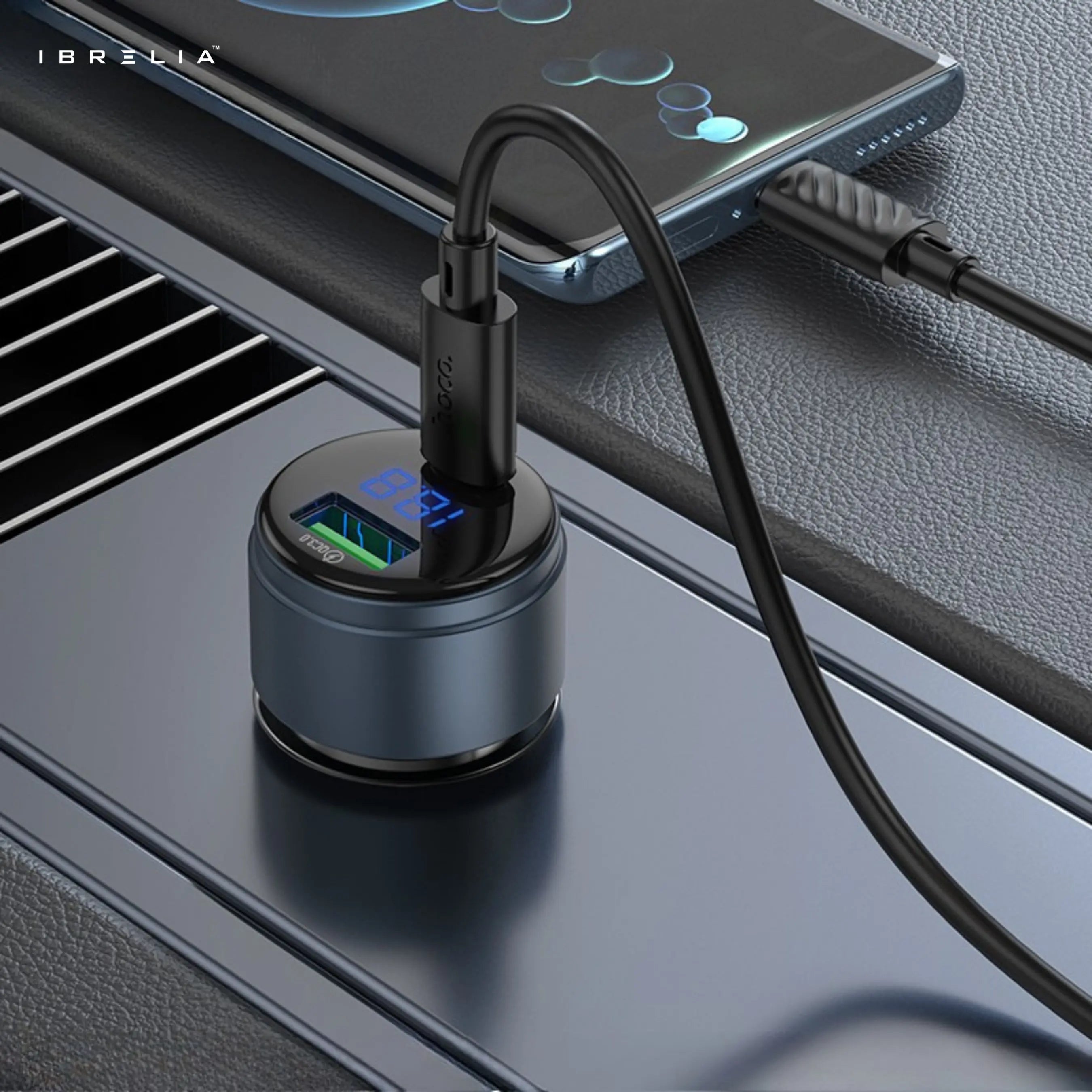 HOCO Z57B Glorious 63W Dual-Port Digital Display Car Charger (Metal Gray) – PD45W + QC3.0 | IBRELIA™ IBRELIA
