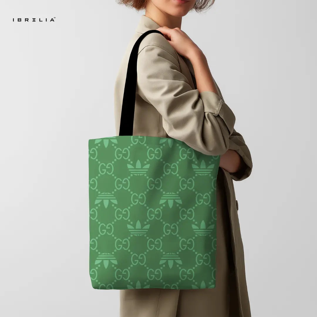 IBRELIA™ Emerald Monogram Tote Bag – Luxury Inspired Pattern Premium Jute Tote with Velvet Handles & Inner Zip IBRELIA