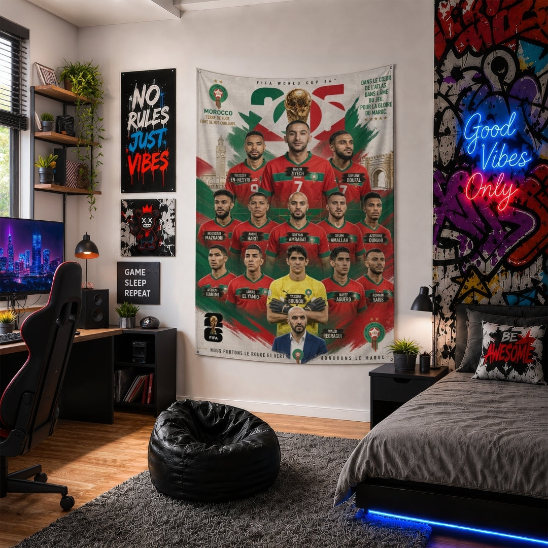 Morocco National Team – FIFA World Cup 2026 Squad – Premium Jute Fabric Tapestry – IBRELIA™