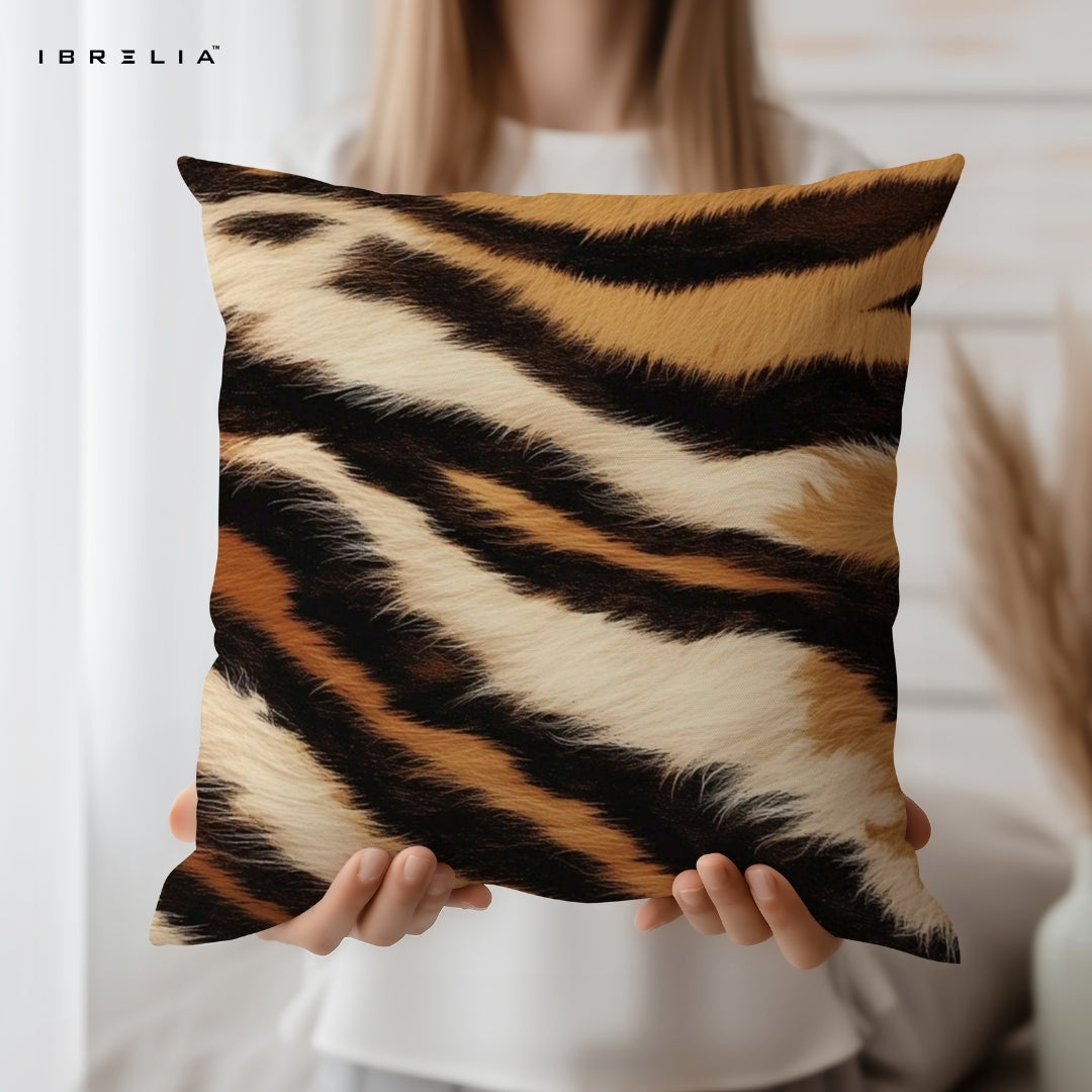 Tiger Fur Print Cushion – 15x15 Inch Decorative Pillow | Realistic Animal Print Cushion | Double-Sided Print | Premium Fibre Filling | IBRELIA™ IBRELIA