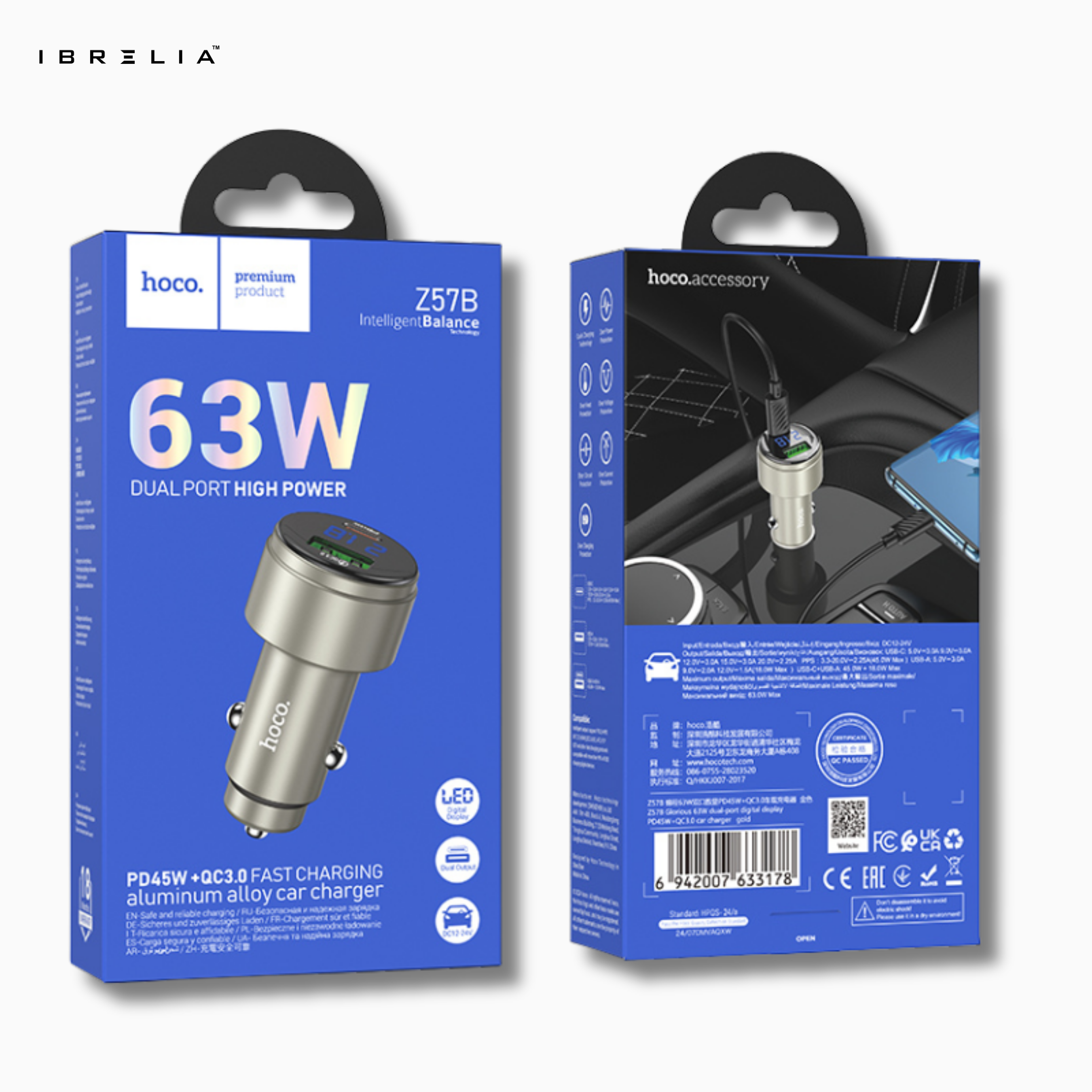 HOCO Z57B Glorious 63W Dual-Port Digital Display Car Charger (Metal Gray) – PD45W + QC3.0 | IBRELIA™