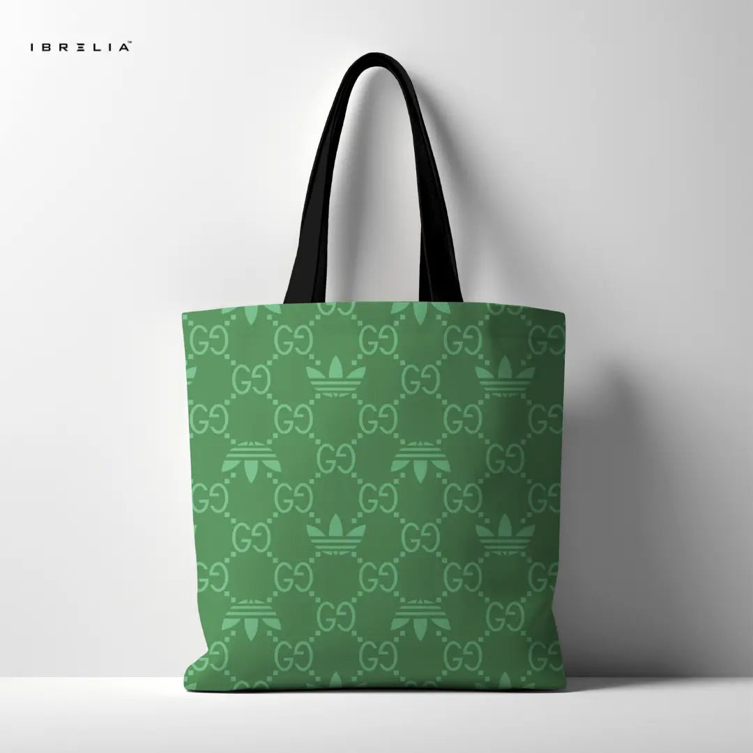 IBRELIA™ Emerald Monogram Tote Bag – Luxury Inspired Pattern Premium Jute Tote with Velvet Handles & Inner Zip IBRELIA