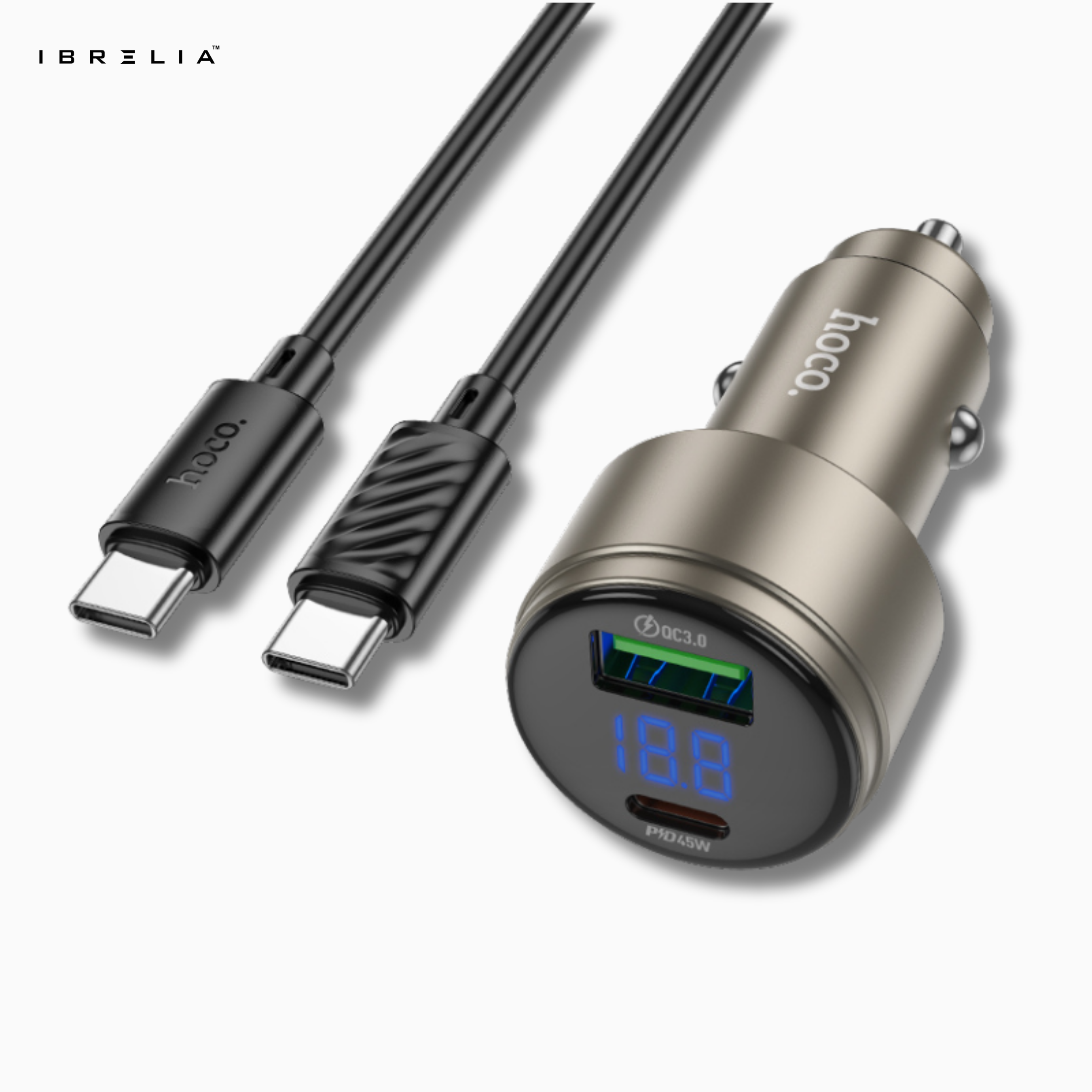 HOCO Z57B Glorious 63W Dual-Port Digital Display Car Charger Set (C to C) – PD45W + QC3.0 | IBRELIA™