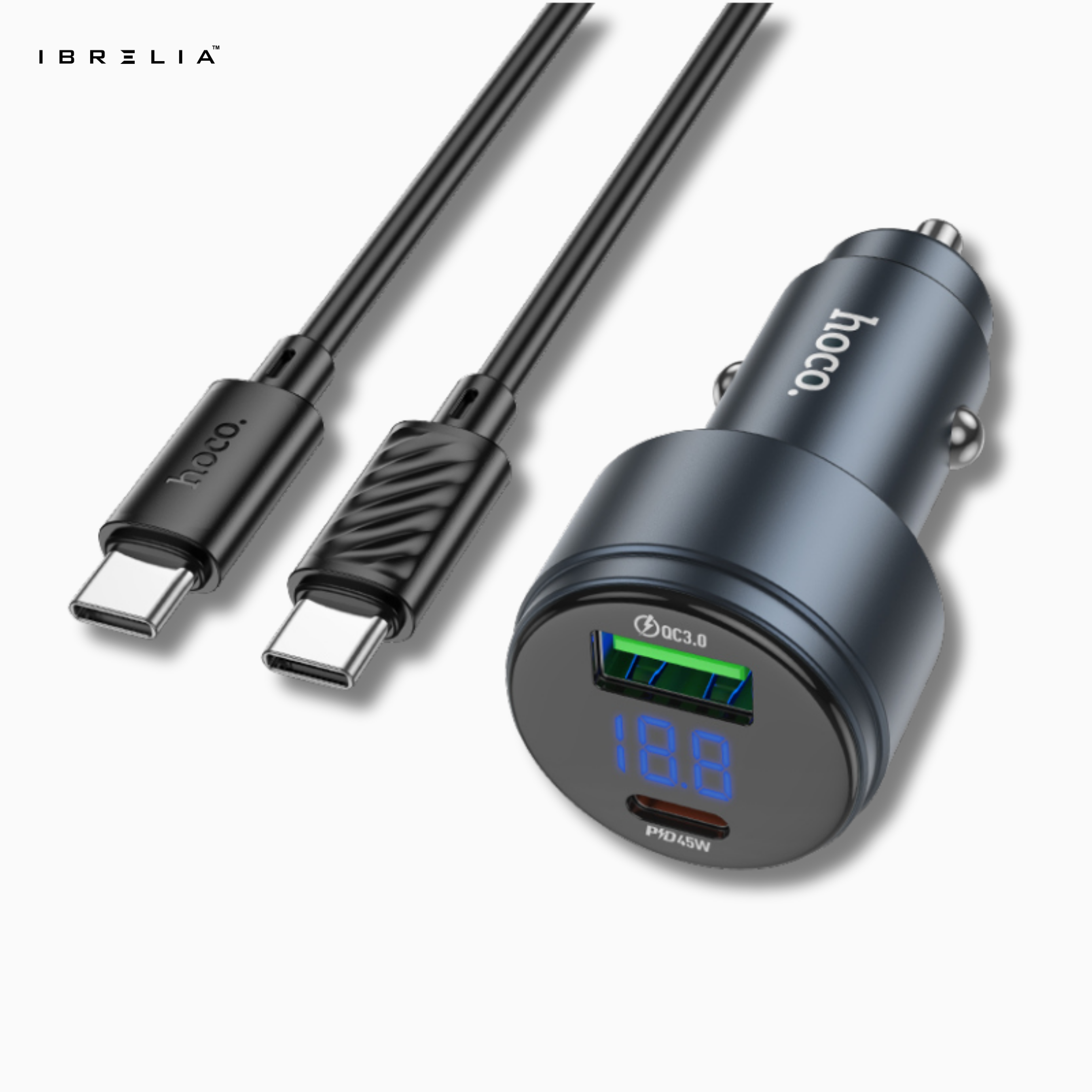 HOCO Z57B Glorious 63W Dual-Port Digital Display Car Charger Set (C to C) – PD45W + QC3.0 | IBRELIA™