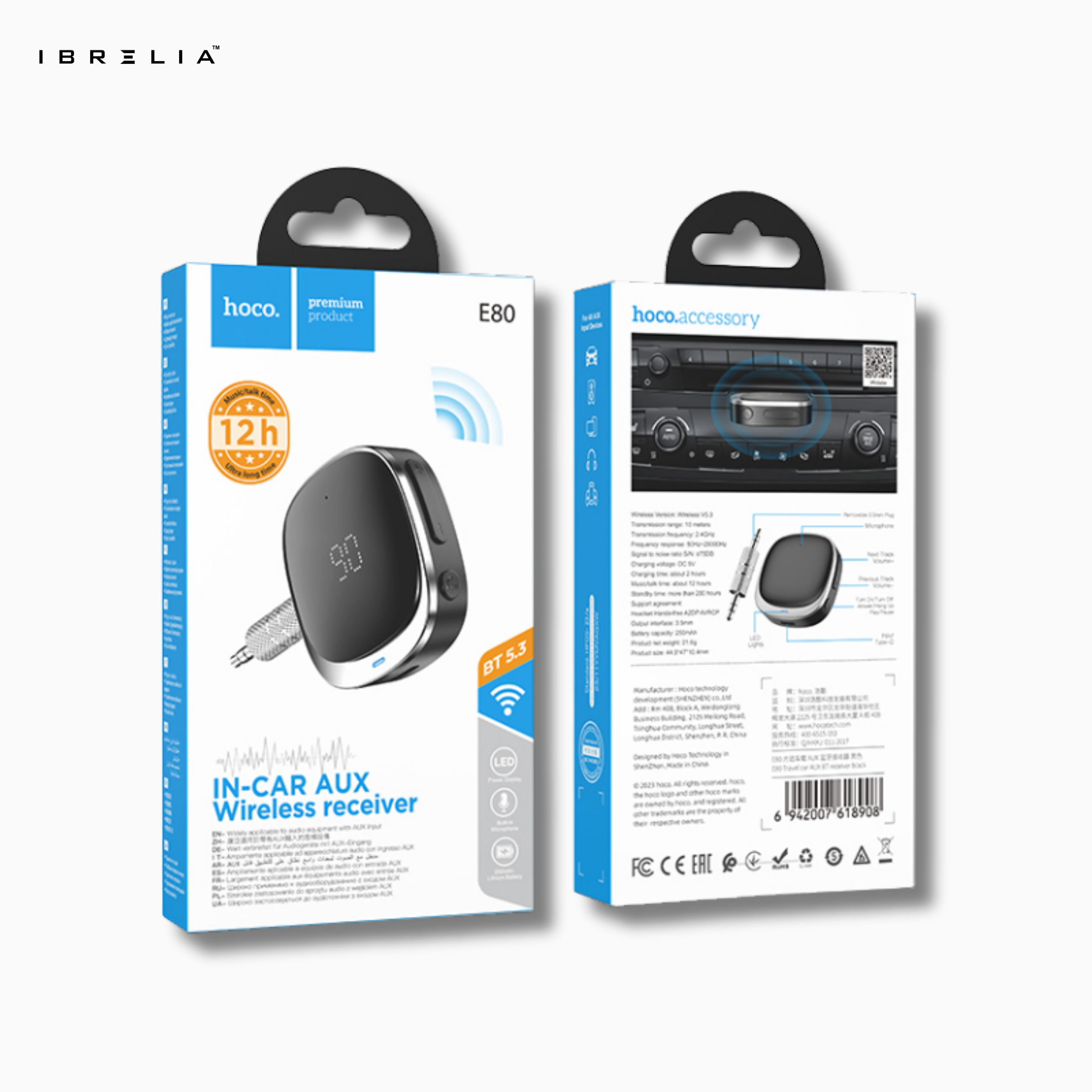 HOCO E80 In-Car AUX Wireless Receiver – Bluetooth 5.3 Audio Adapter with LED Display | IBRELIA™