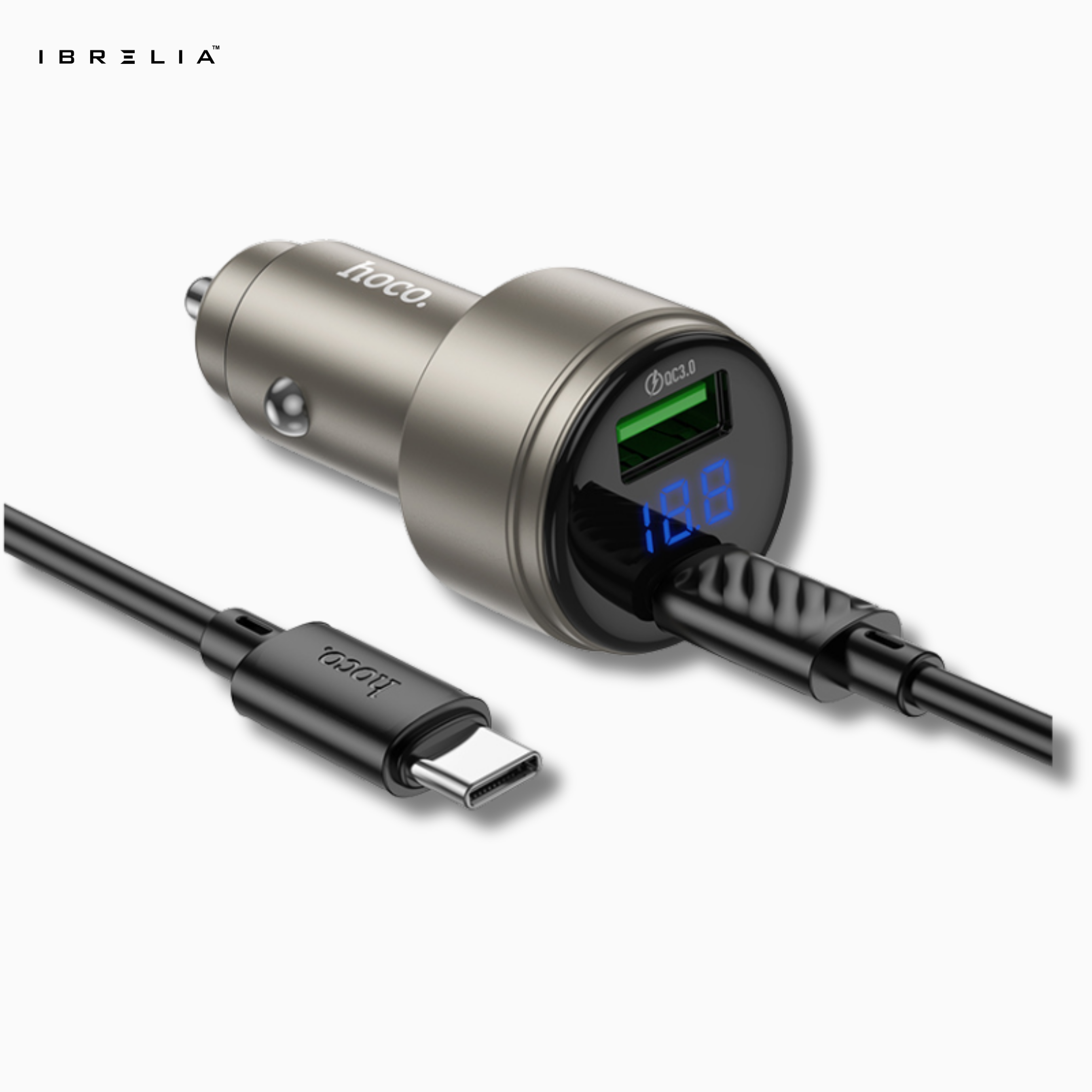 HOCO Z57B Glorious 63W Dual-Port Digital Display Car Charger Set (C to C) – PD45W + QC3.0 | IBRELIA™