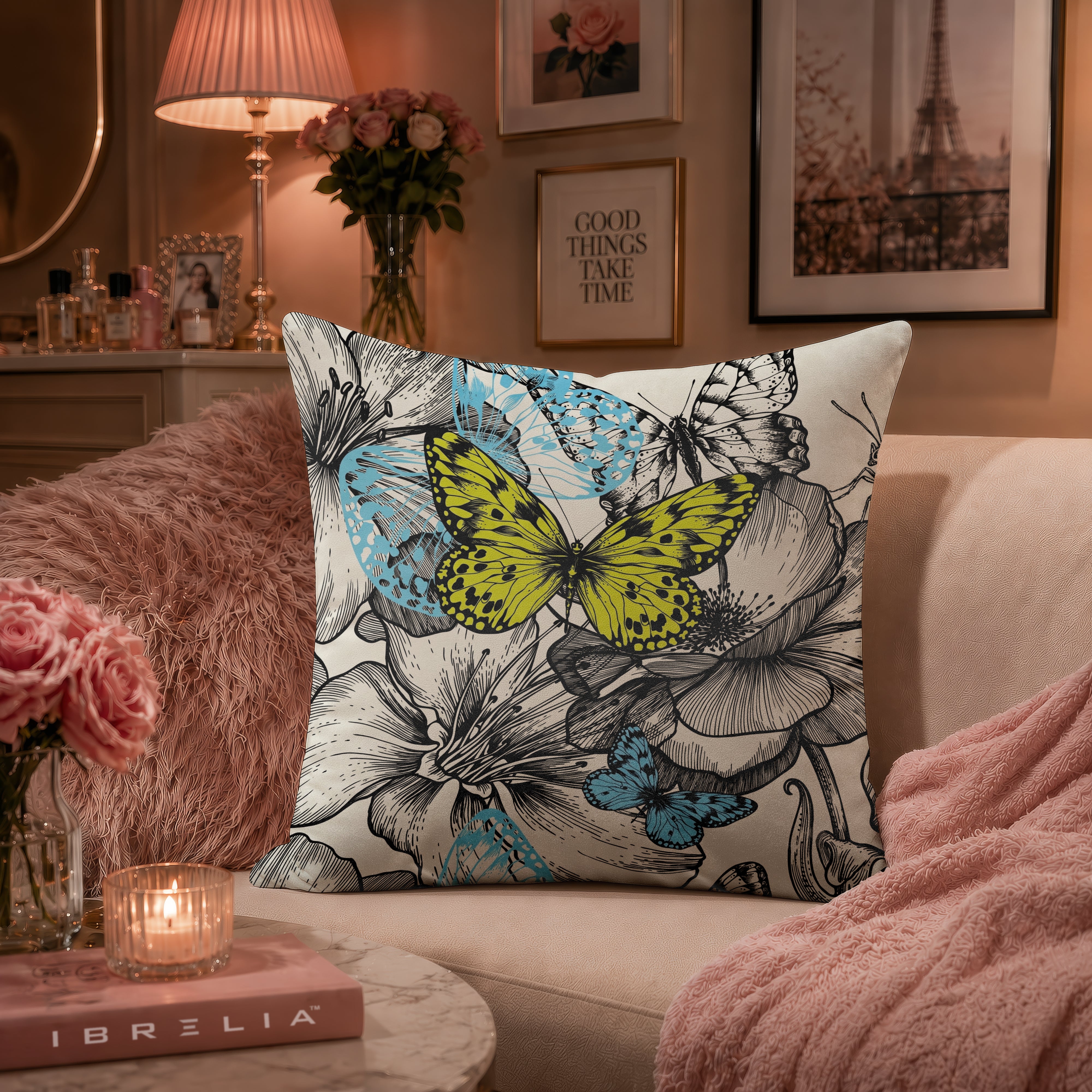 Butterfly Bloom Cushion | Premium Velvet Suede | Double-Sided Print