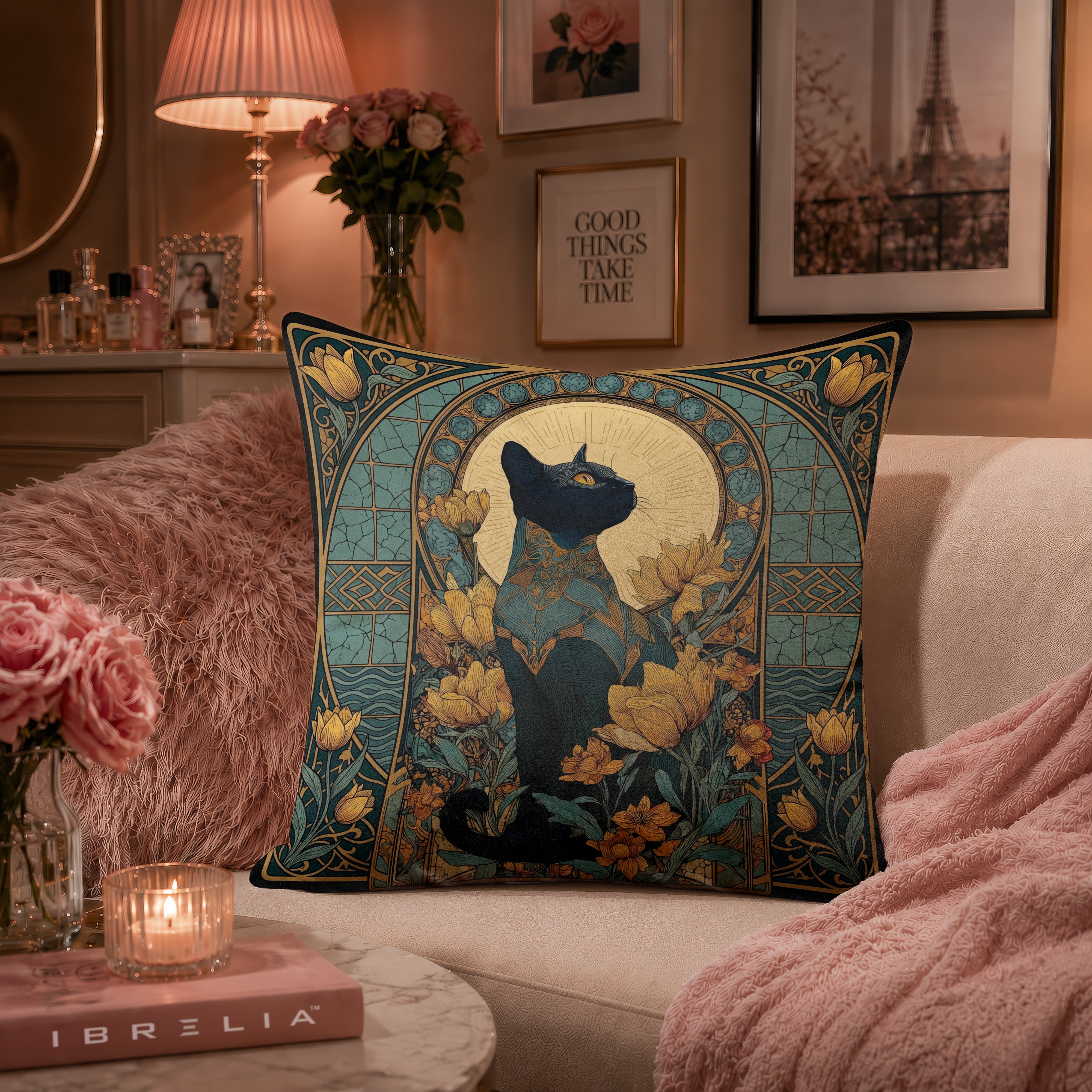 Art Nouveau Black Cat Cushion | Premium Velvet Suede | Double-Sided Print