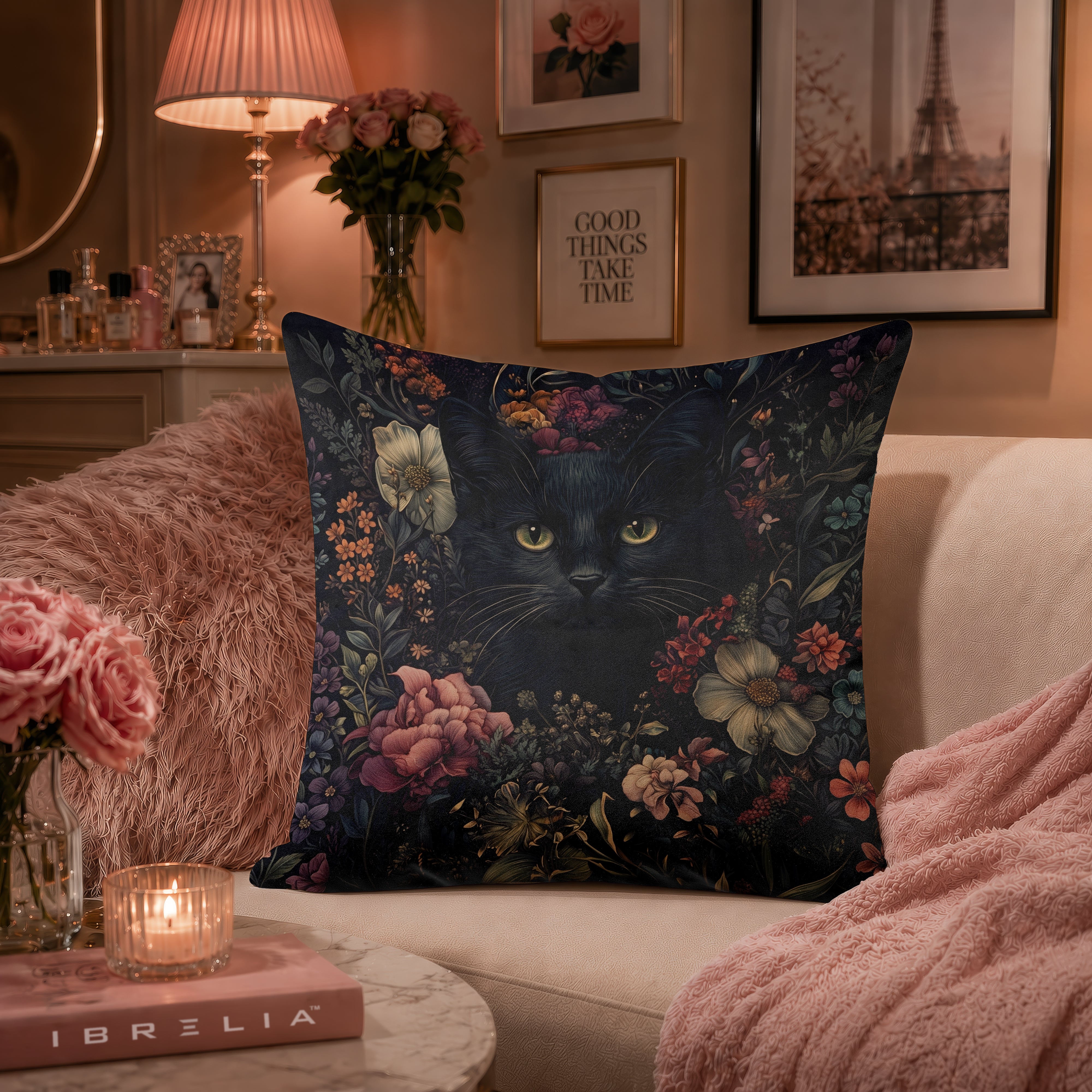 Midnight Floral Black Cat Cushion | Premium Velvet Suede | Double-Sided Print