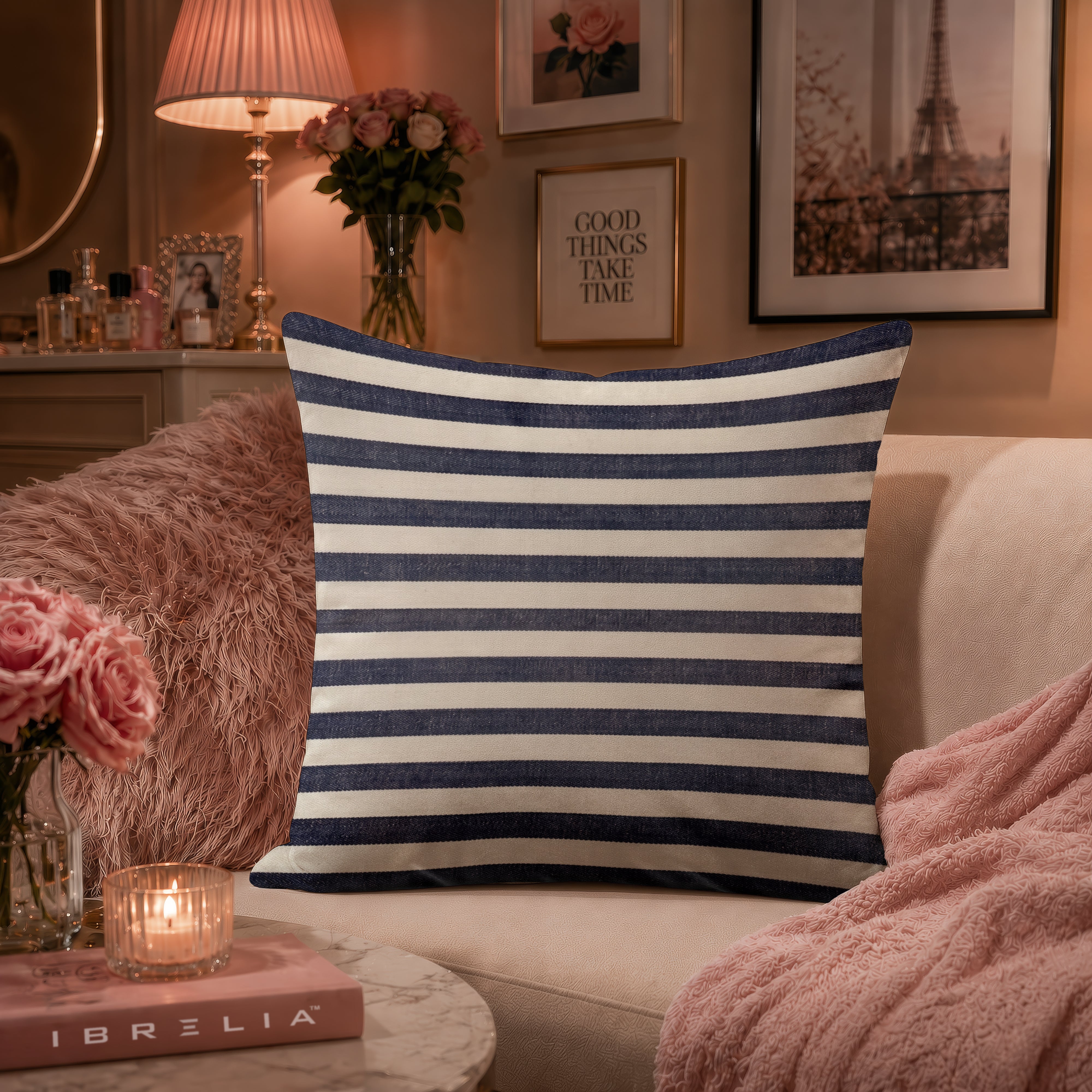 Classic Navy Striped Cushion | Premium Velvet Suede | Double-Sided Print