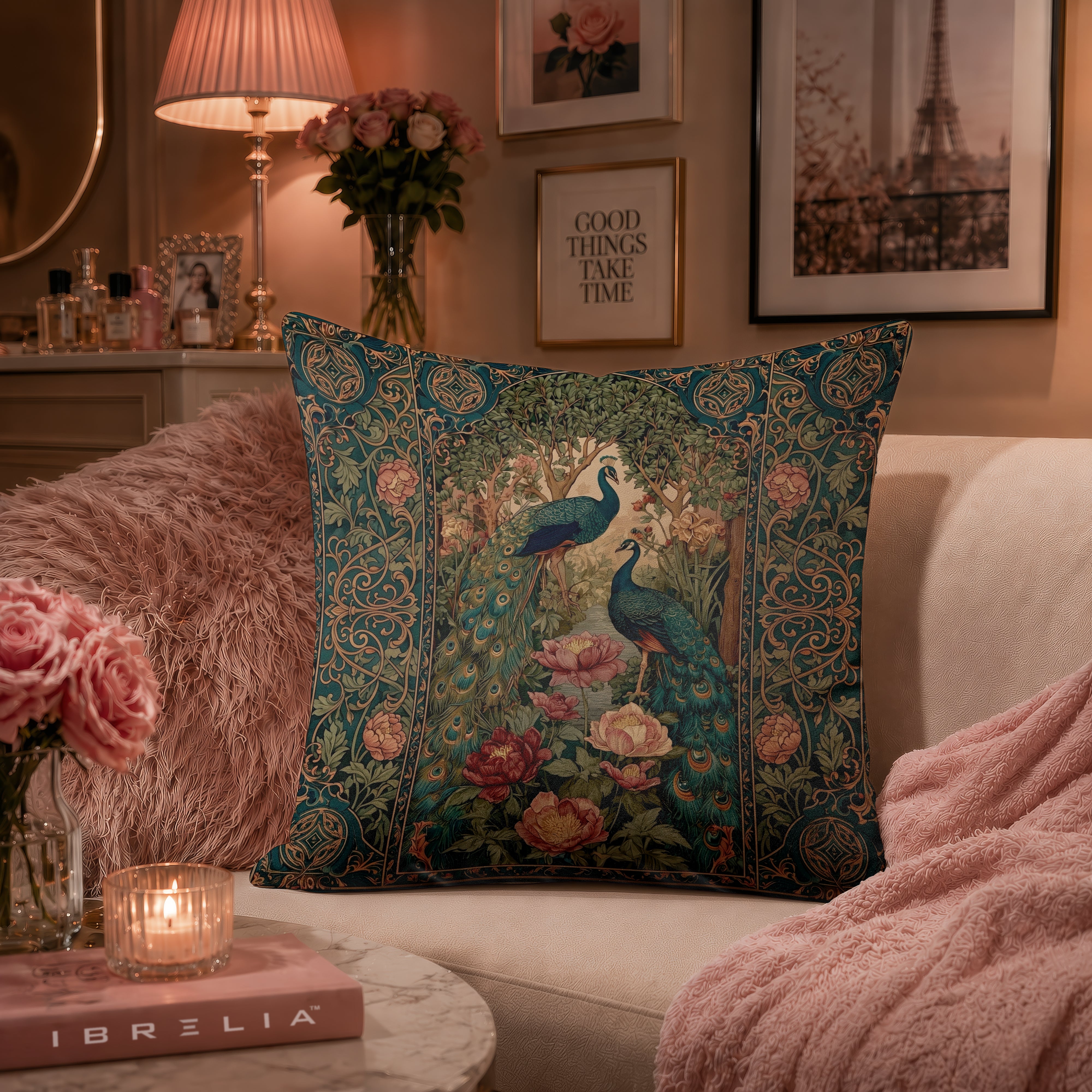 Vintage Peacock Garden Cushion | Premium Velvet Suede | Double-Sided Print
