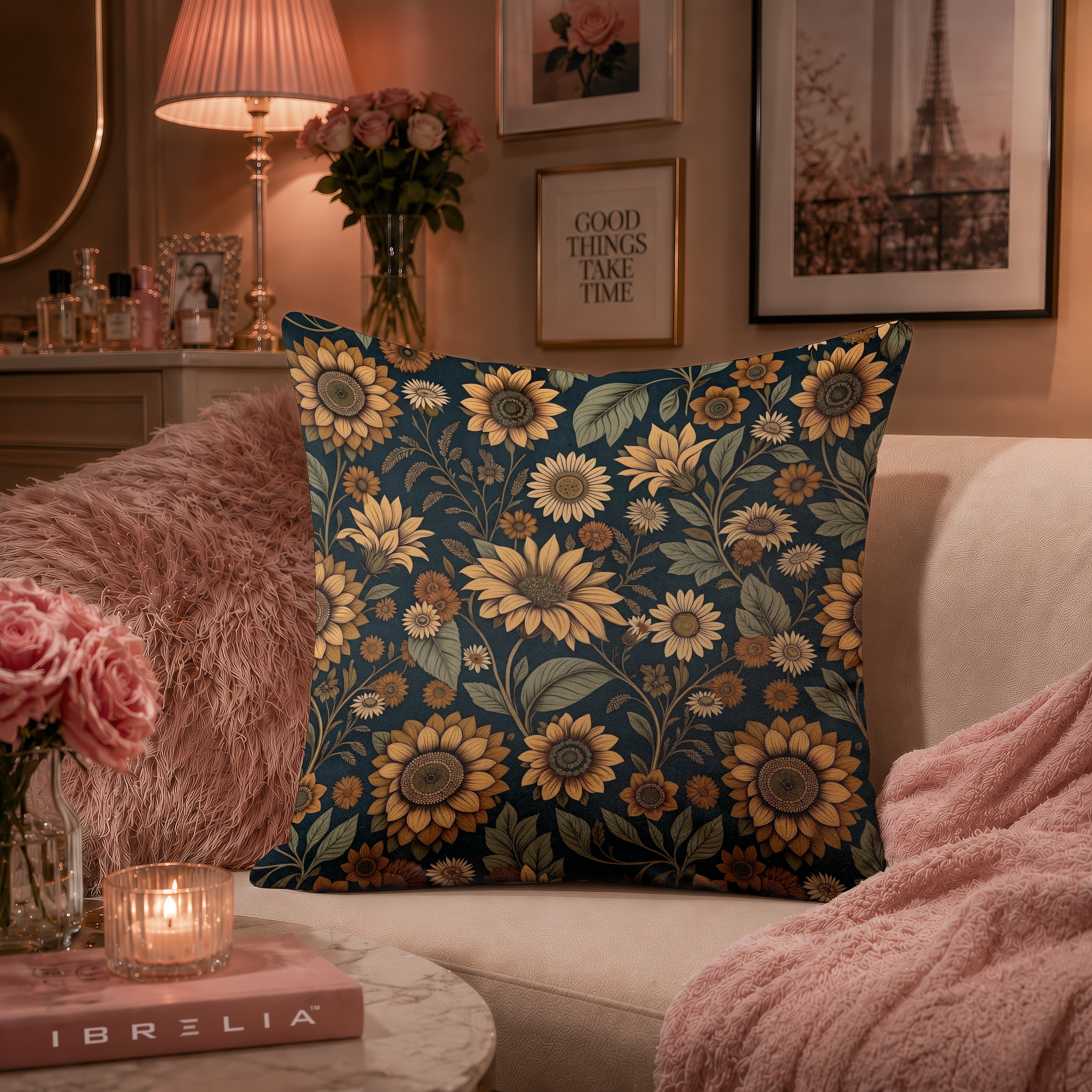 Midnight Sunflower Botanical Cushion | Premium Velvet Suede | Double-Sided Print