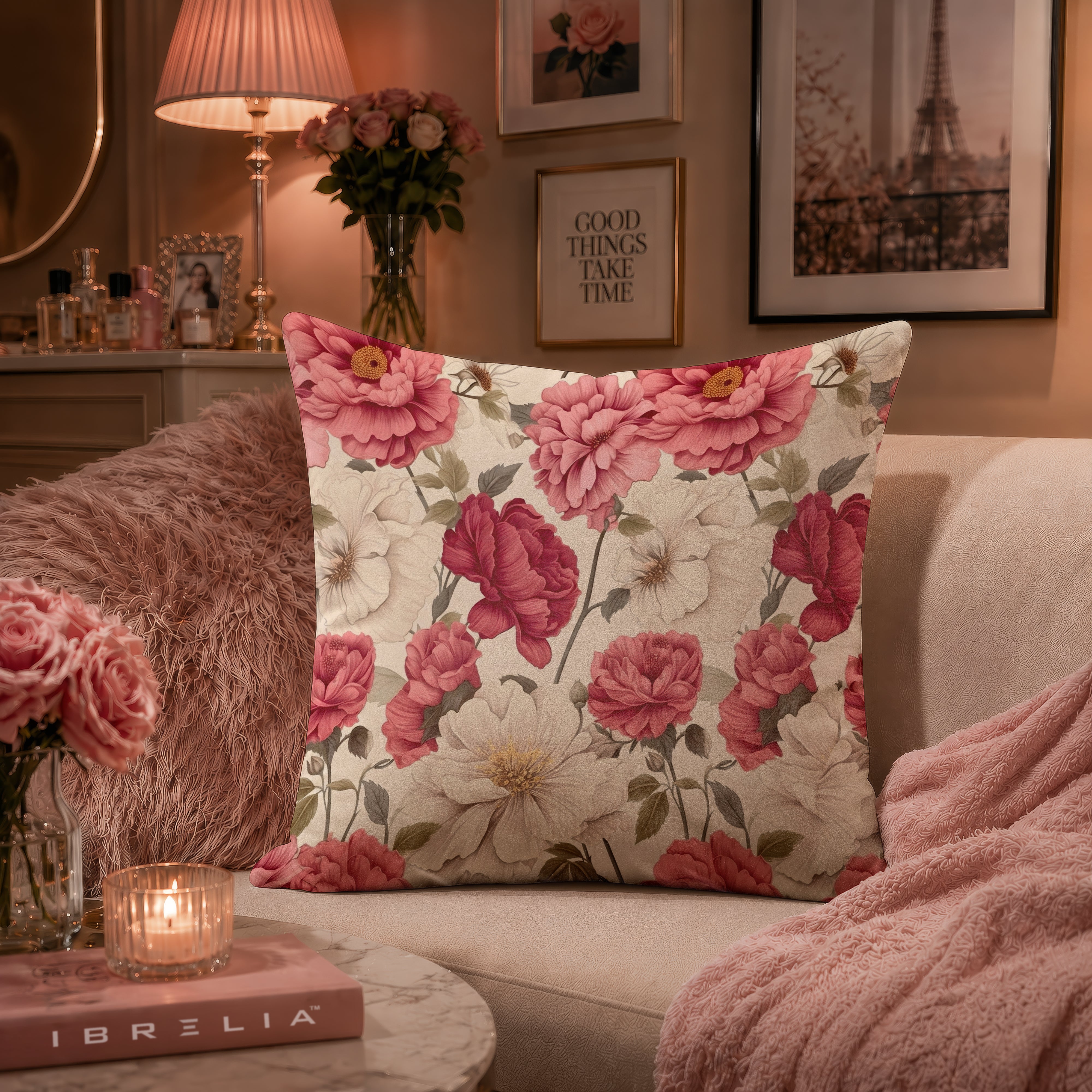 Blush Peony Floral Cushion | Premium Velvet Suede | Double-Sided Print