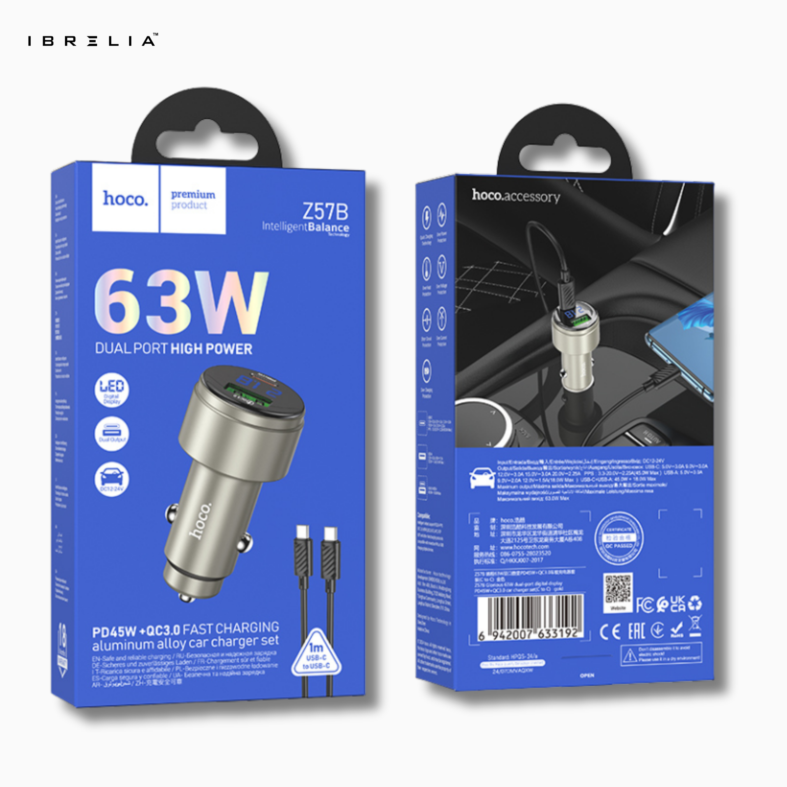 HOCO Z57B Glorious 63W Dual-Port Digital Display Car Charger Set (C to C) – PD45W + QC3.0 | IBRELIA™