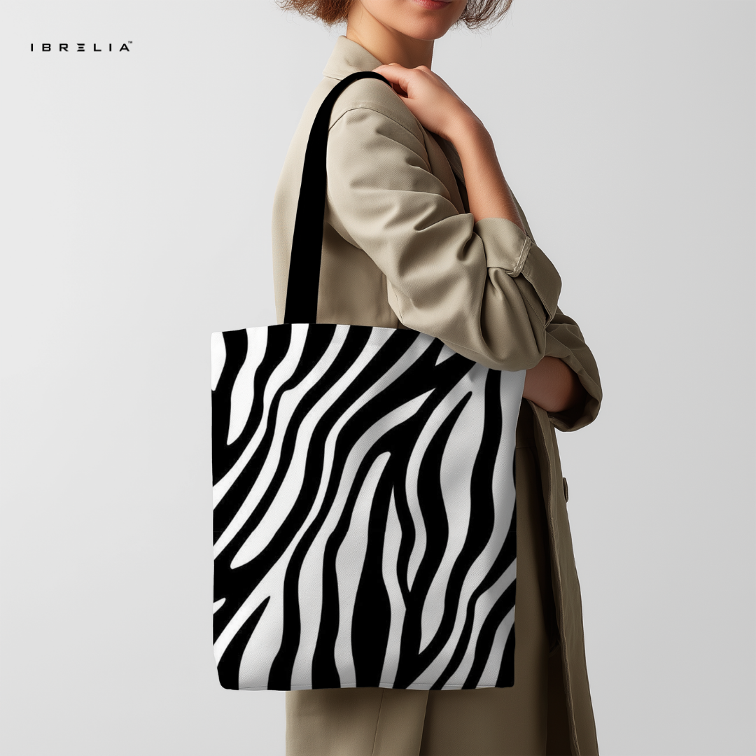 IBRELIA™ Zebra Pattern Tote Bag – Bold Black & White Aesthetic Tote with Premium Fabric & Velvet Handles IBRELIA