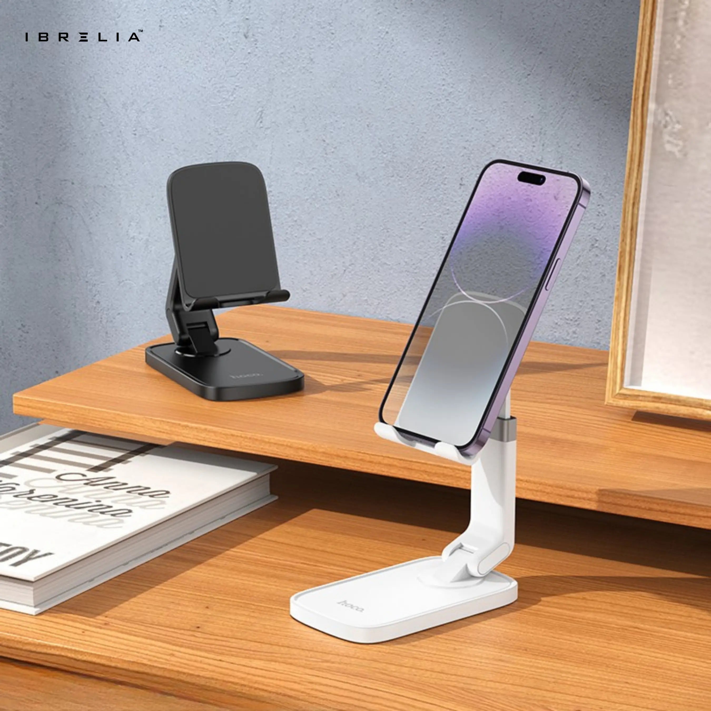HOCO HD8 – Folding & Retractable Phone Desktop Stand – Premium Adjustable Holder (Black/White) – HOCO | IBRELIA™ IBRELIA