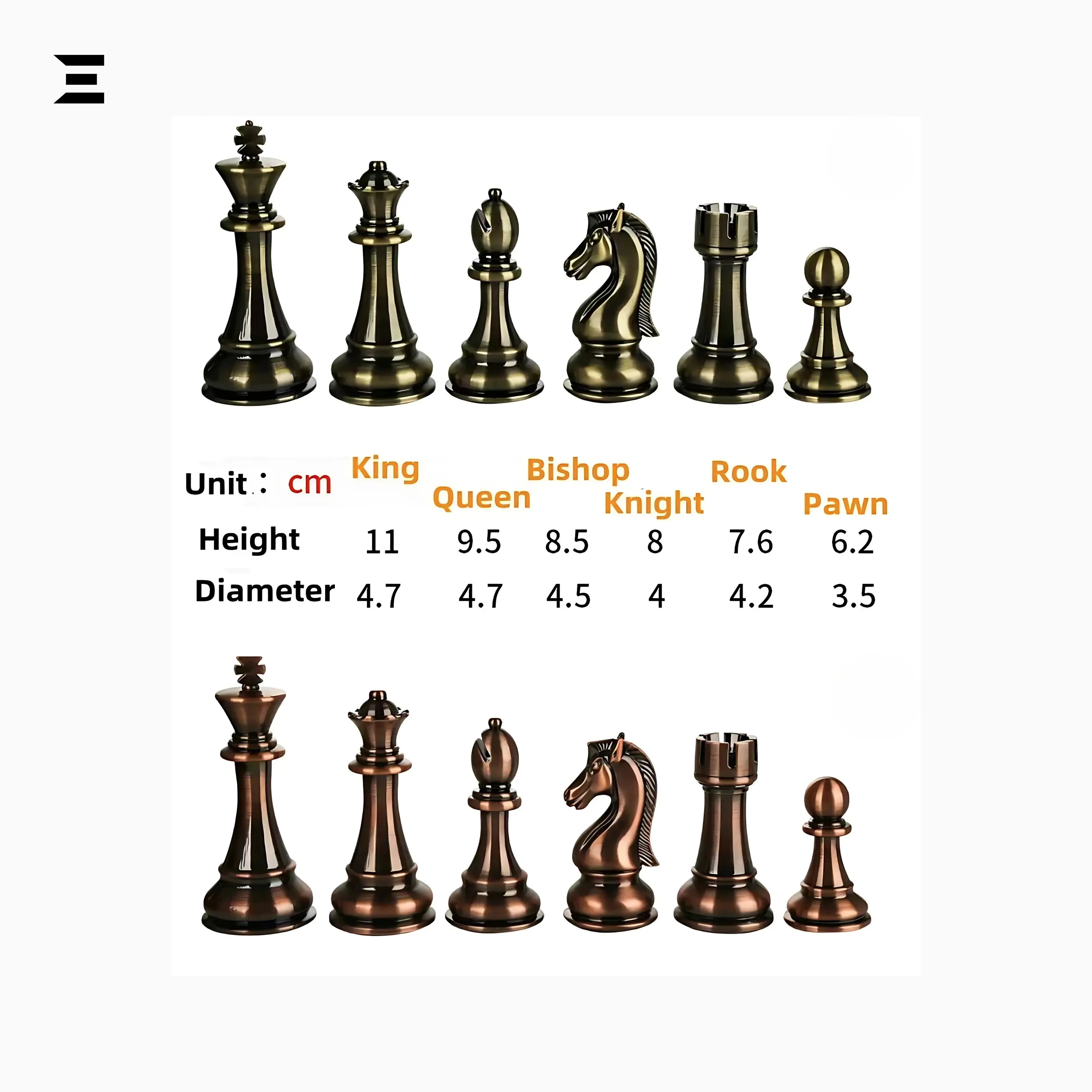 Luxury Metal Chess Set with Wooden Board – 52×52cm Premium Bronze & Silver Pieces IBRELIA