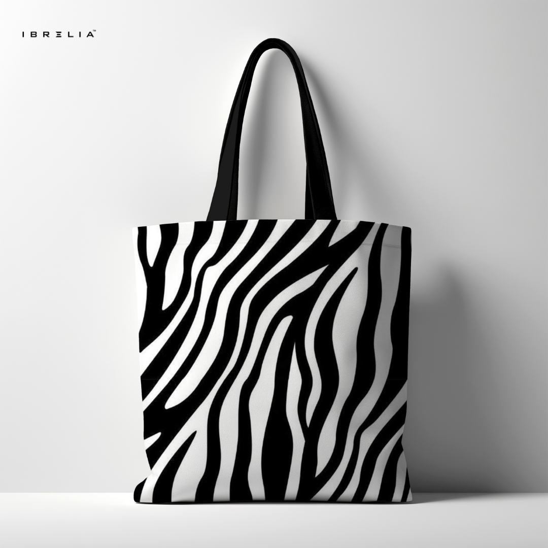IBRELIA™ Zebra Pattern Tote Bag – Bold Black & White Aesthetic Tote with Premium Fabric & Velvet Handles IBRELIA